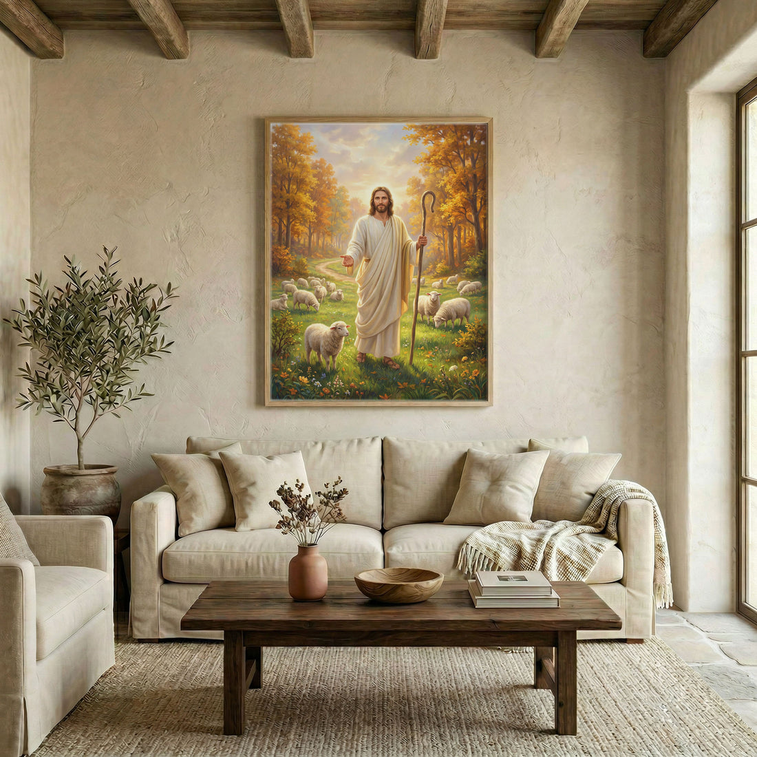 Canvas in natural wood floating frame with Jesus the Good Shepherd in a golden autumn forest