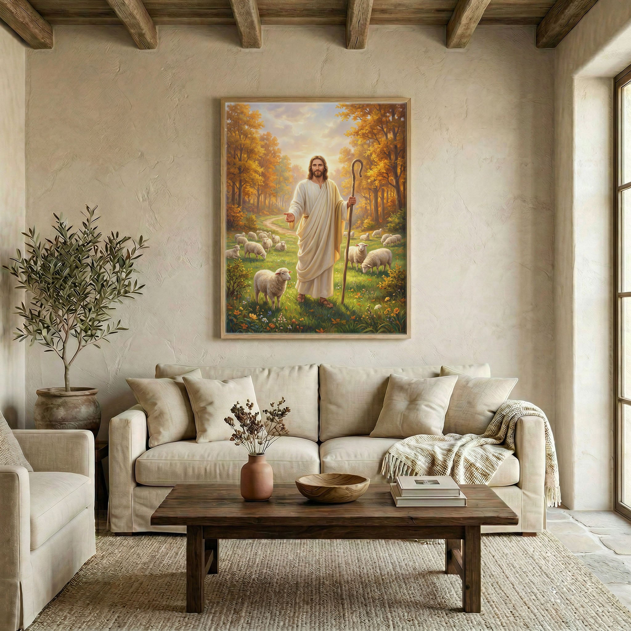 Large Jesus and sheep in autumn forest canvas in wood frame above linen sofa in living room