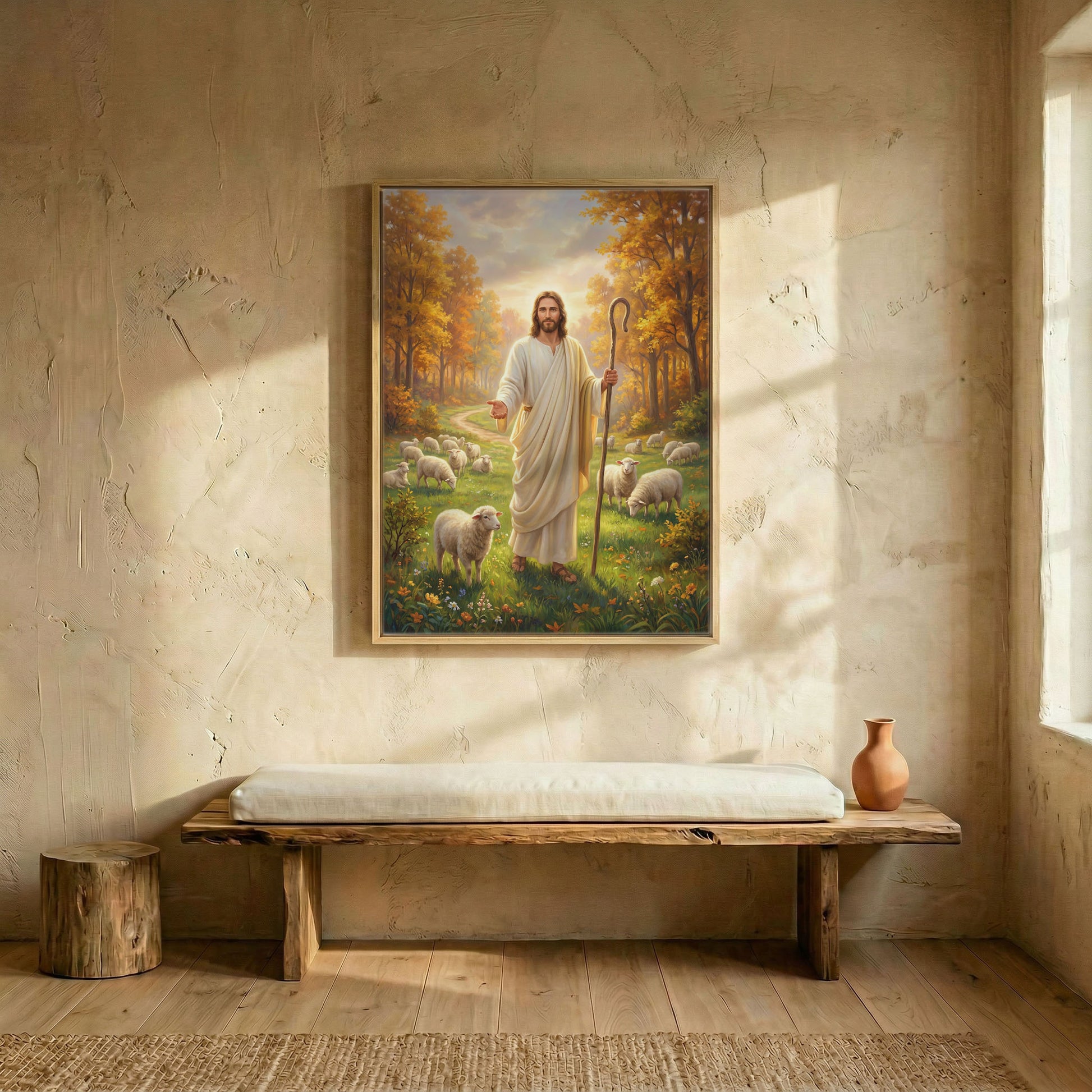 Jesus Good Shepherd oil painting canvas in wood frame above rustic wooden bench in entryway