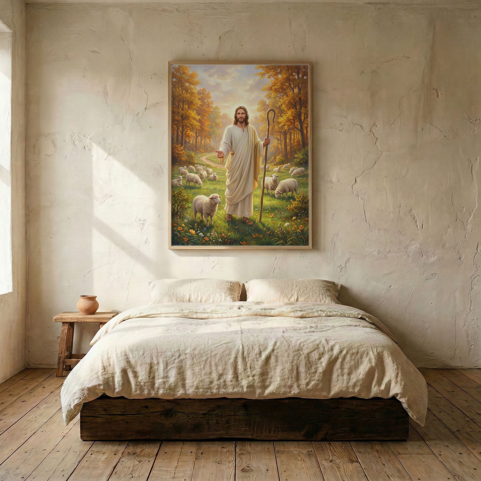 Jesus autumn forest canvas in wood frame mounted above linen platform bed in serene bedroom