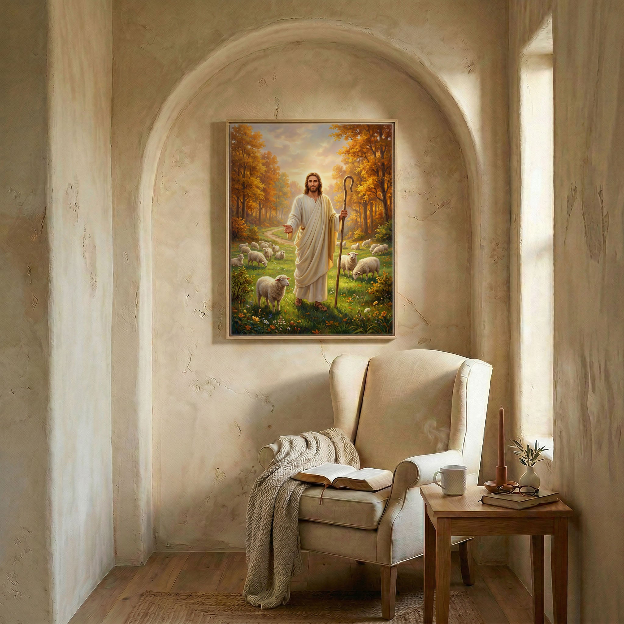 Jesus and flock art in wood frame in arched alcove above wingback chair with open Bible