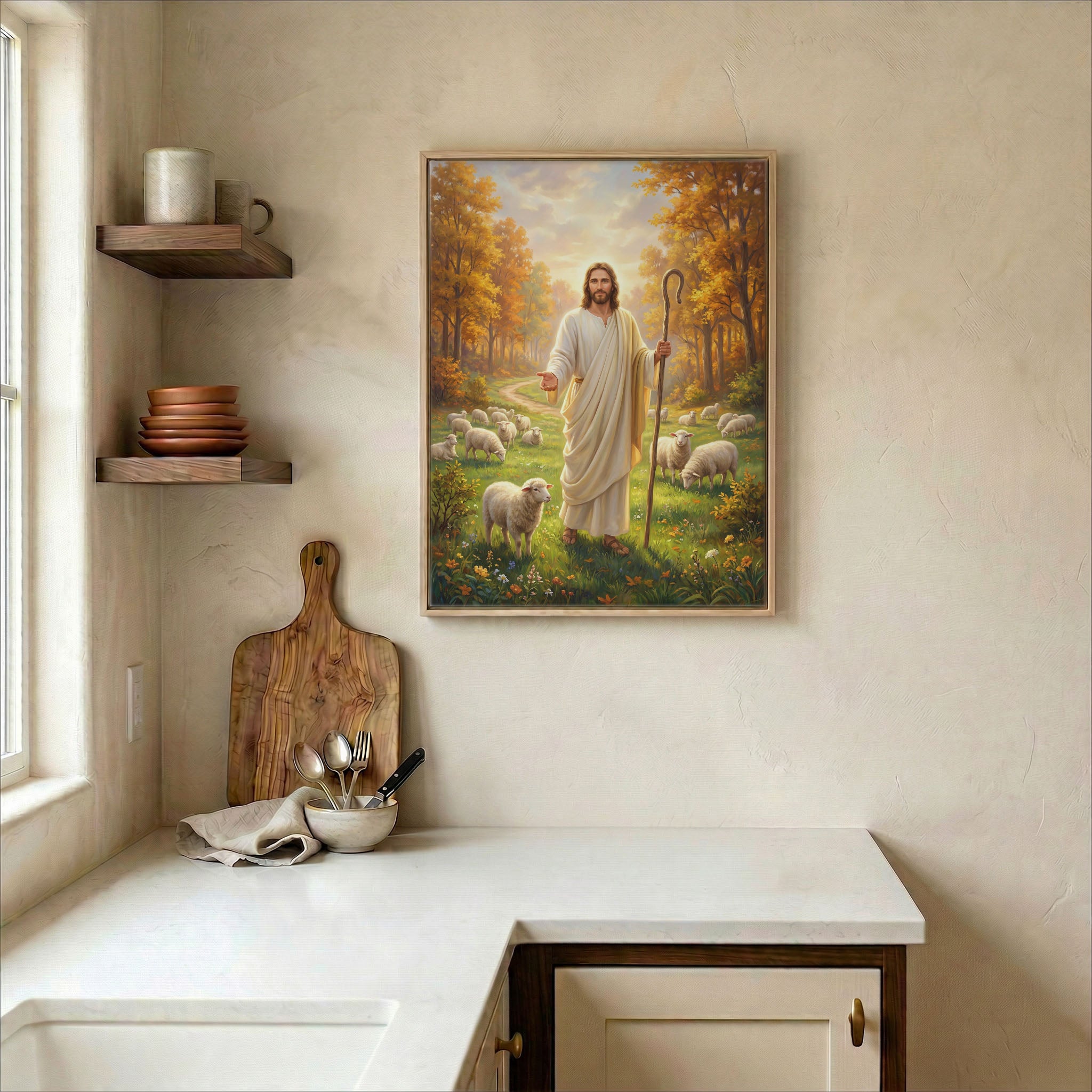 Jesus Good Shepherd canvas in wood frame on kitchen wall in warm neutral farmhouse setting
