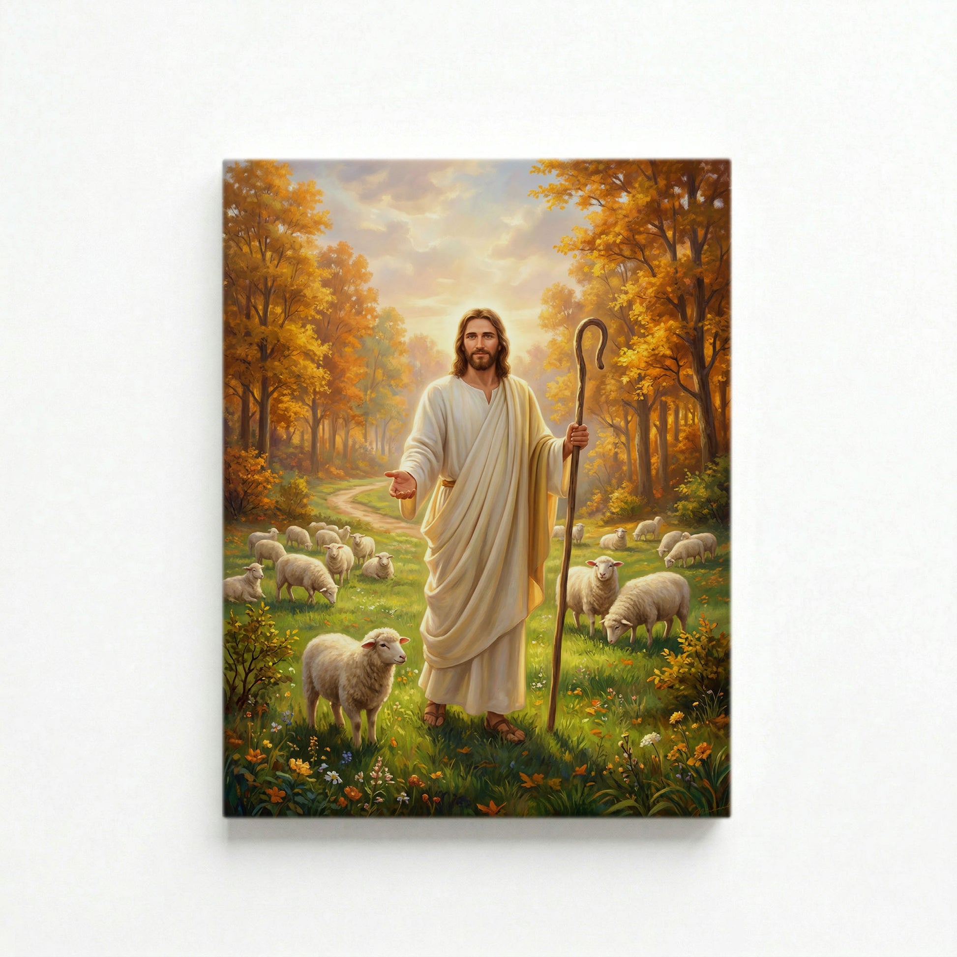 Vertical canvas of Jesus the Good Shepherd in golden autumn forest on a white background