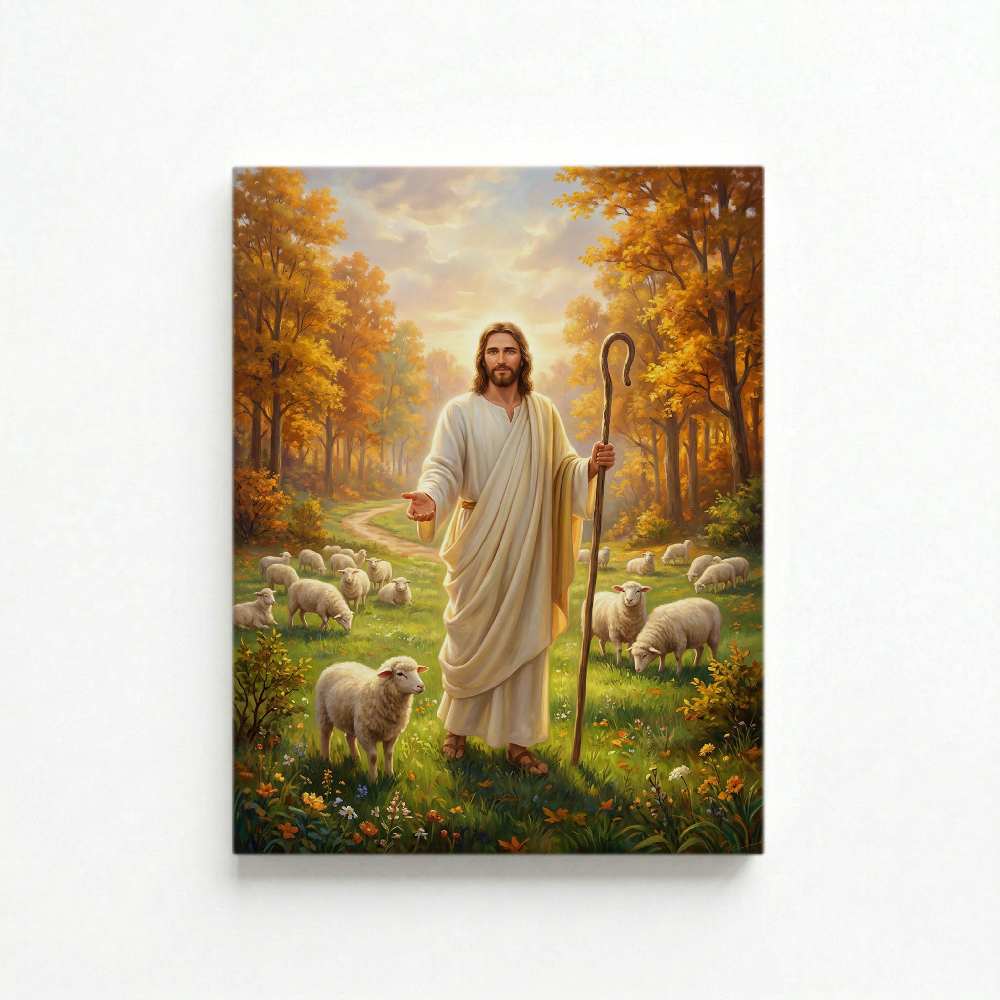 Vertical canvas of Jesus the Good Shepherd in golden autumn forest on a white background