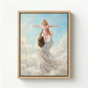 Canvas in natural wood floating frame with Jesus raising a happy child above heavenly clouds