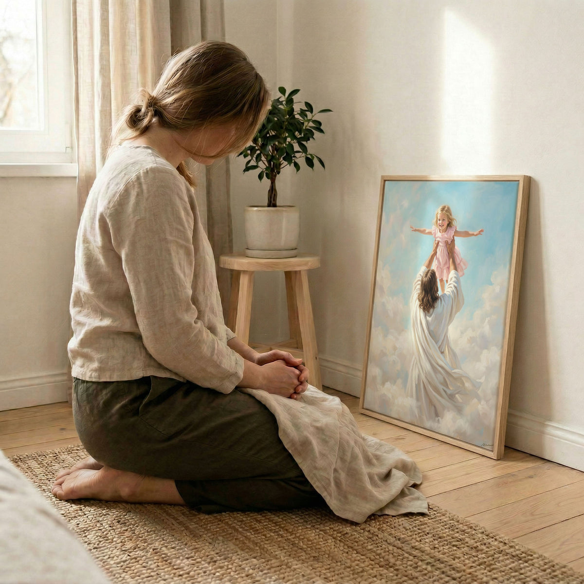 Woman kneeling in prayer beside Jesus raising child canvas in wood frame with soft natural light