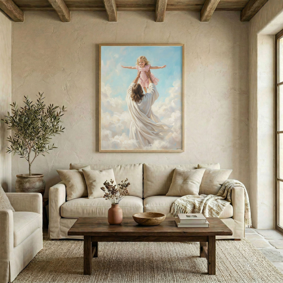 Large Jesus and child in heavenly clouds canvas in wood frame above linen sofa in living room