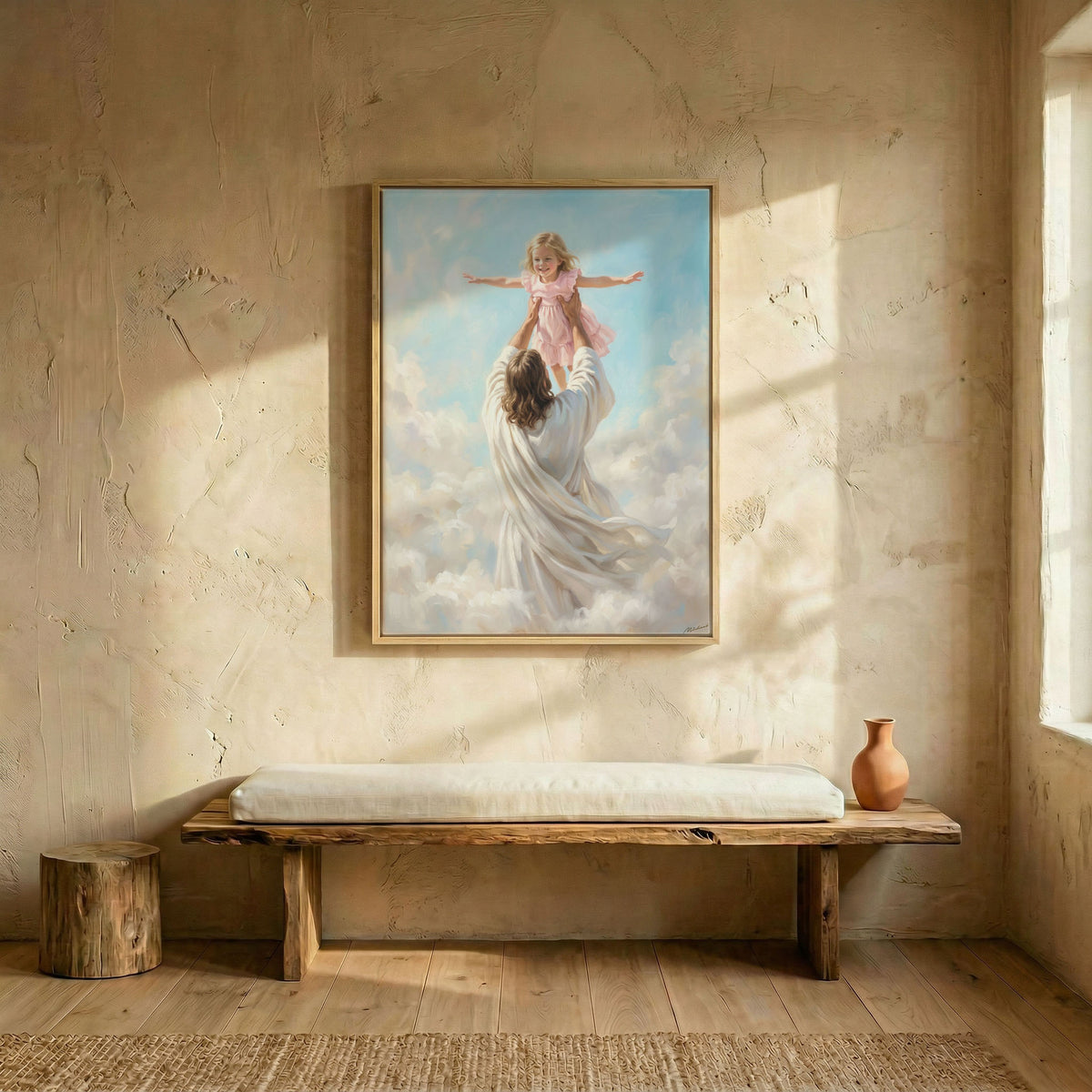 Jesus raising child oil painting canvas in wood frame above rustic wooden bench in entryway