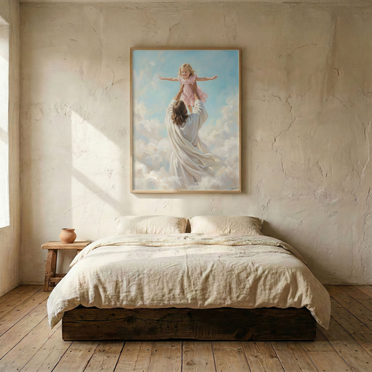 Jesus heavenly clouds canvas in wood frame mounted above linen platform bed in serene bedroom