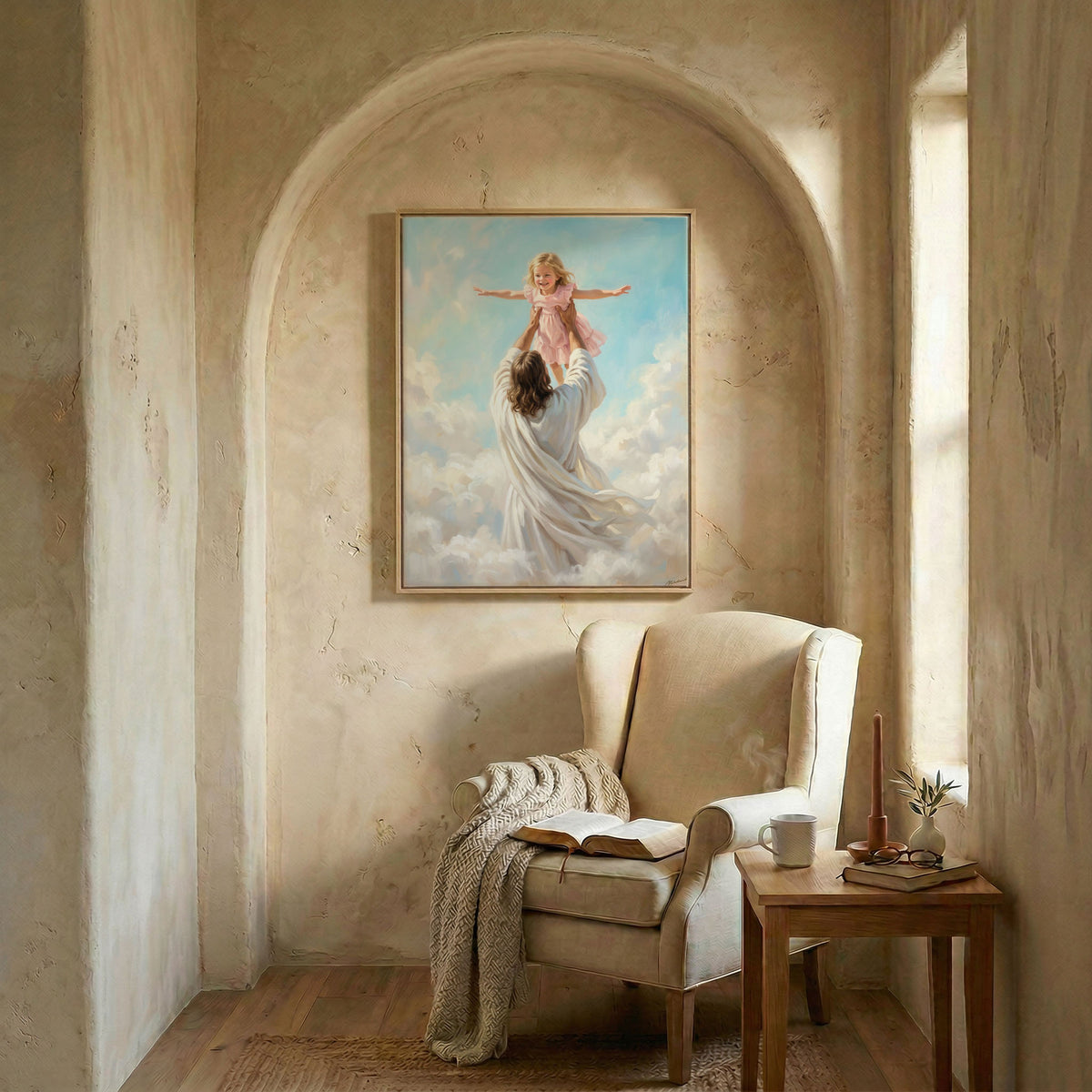 Jesus and child art in wood frame in arched alcove above wingback chair with open Bible