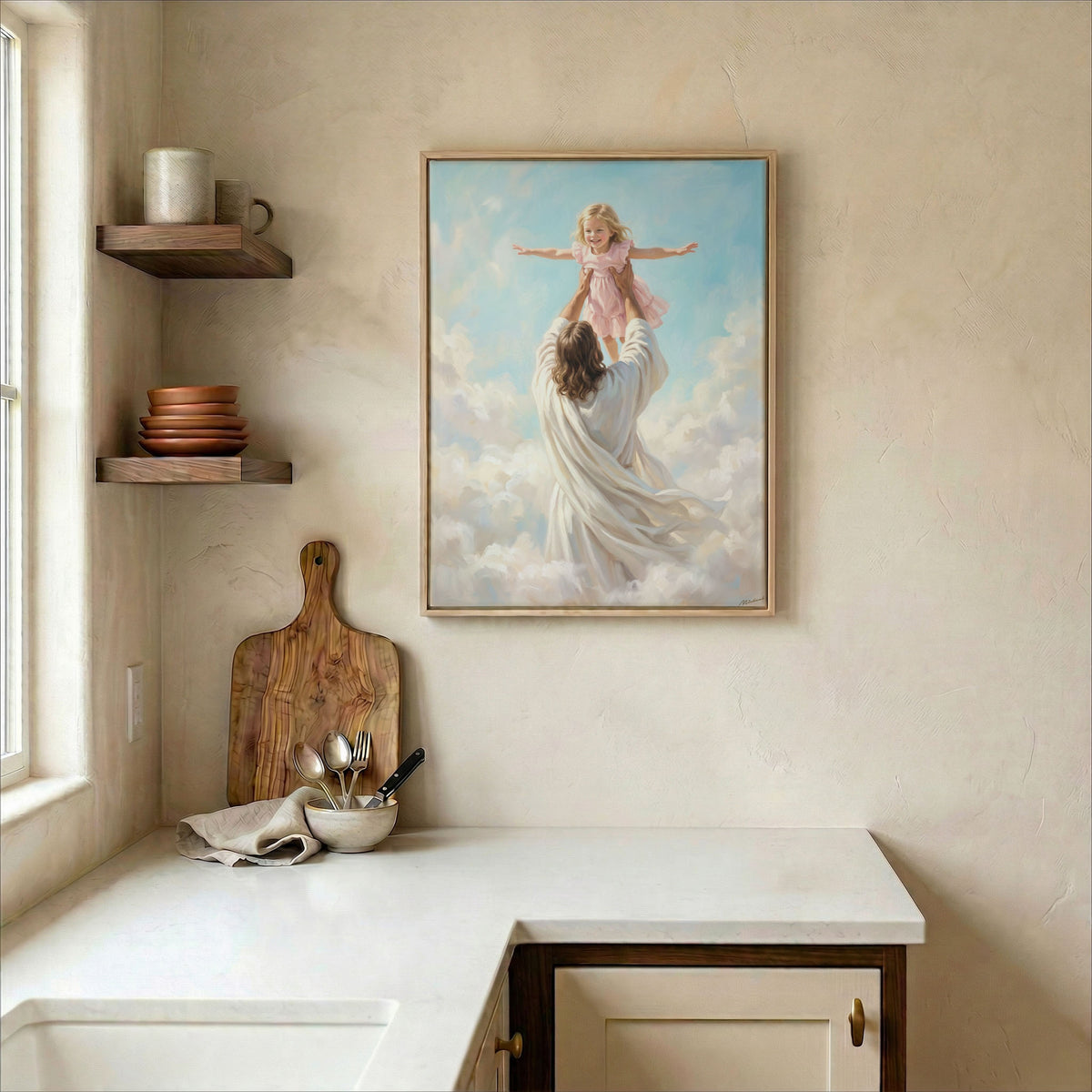Jesus raising child canvas in wood frame on kitchen wall in warm neutral farmhouse setting