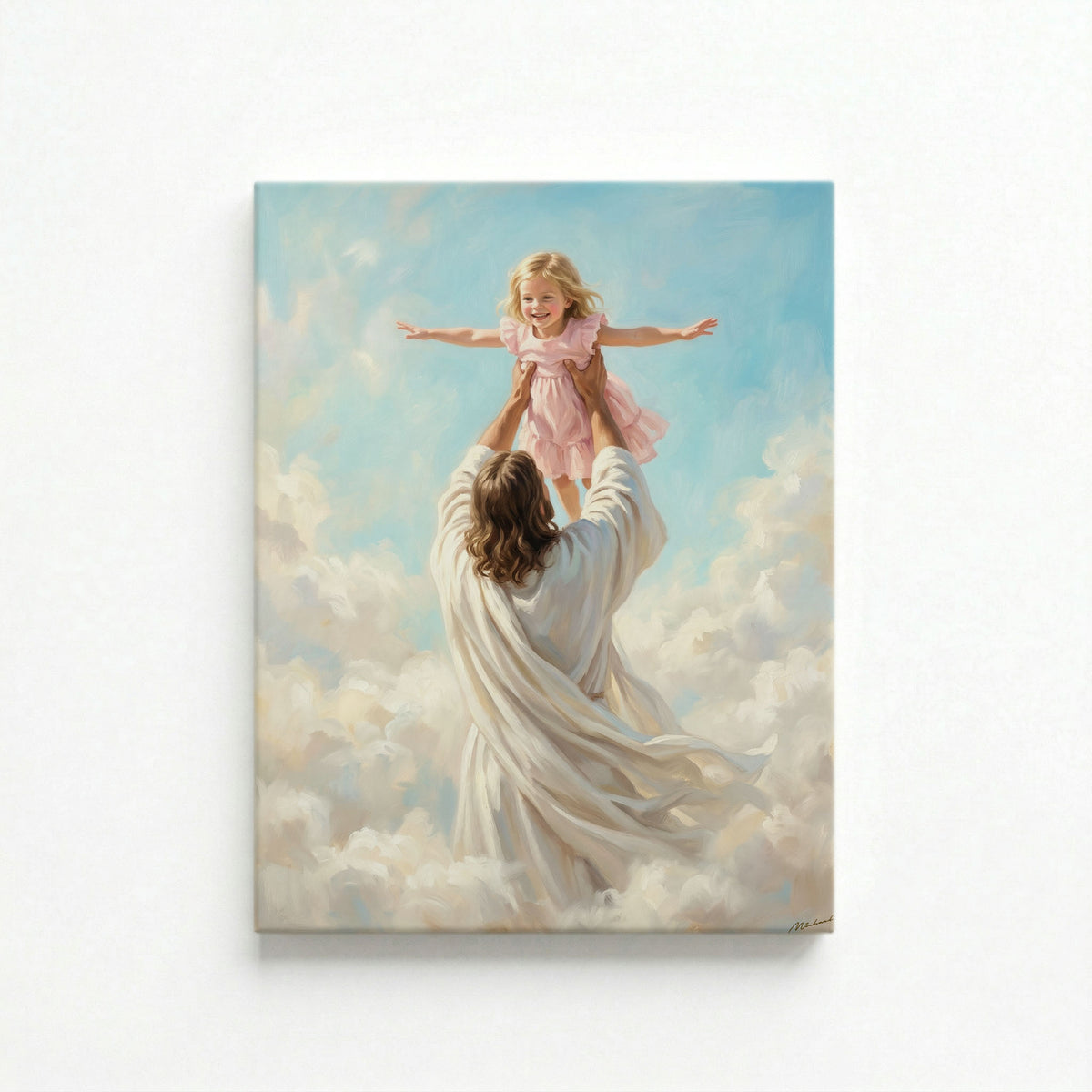Vertical canvas of Jesus raising a happy child above clouds oil painting on white background
