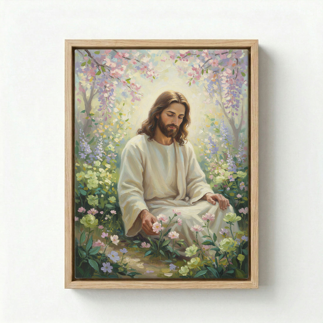 Canvas in natural wood floating frame with Jesus sitting peacefully in a pastel spring flower garden