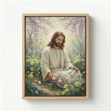 Canvas in natural wood floating frame with Jesus sitting peacefully in a pastel spring flower garden