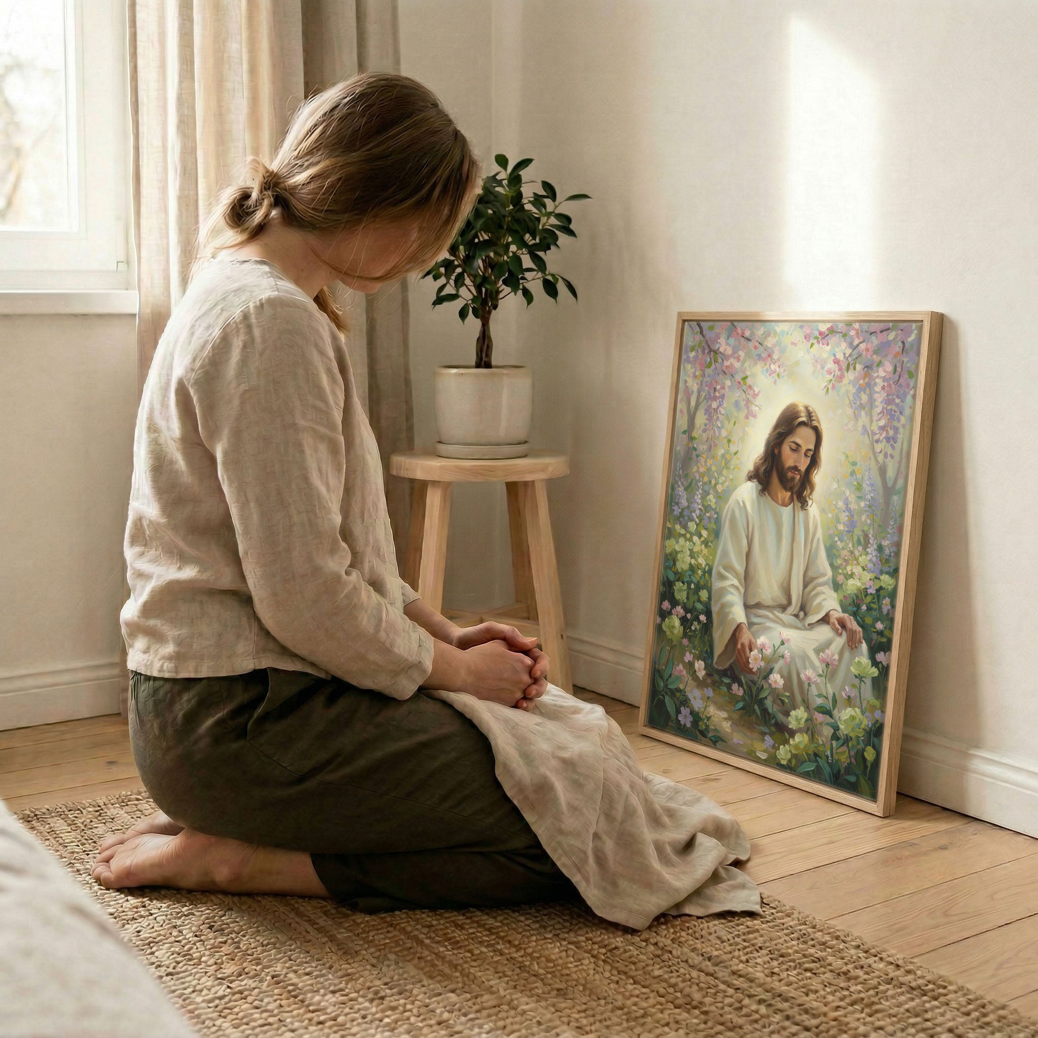 Woman kneeling in prayer beside Jesus pastel garden canvas in wood frame with soft indoor natural light