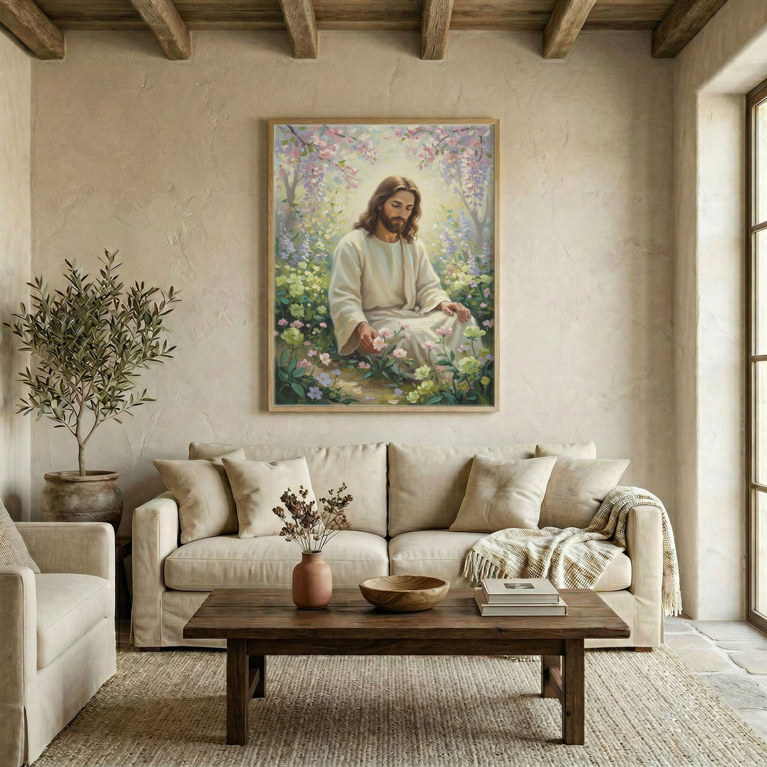 Canvas in natural wood floating frame with Jesus sitting peacefully in a pastel spring flower garden