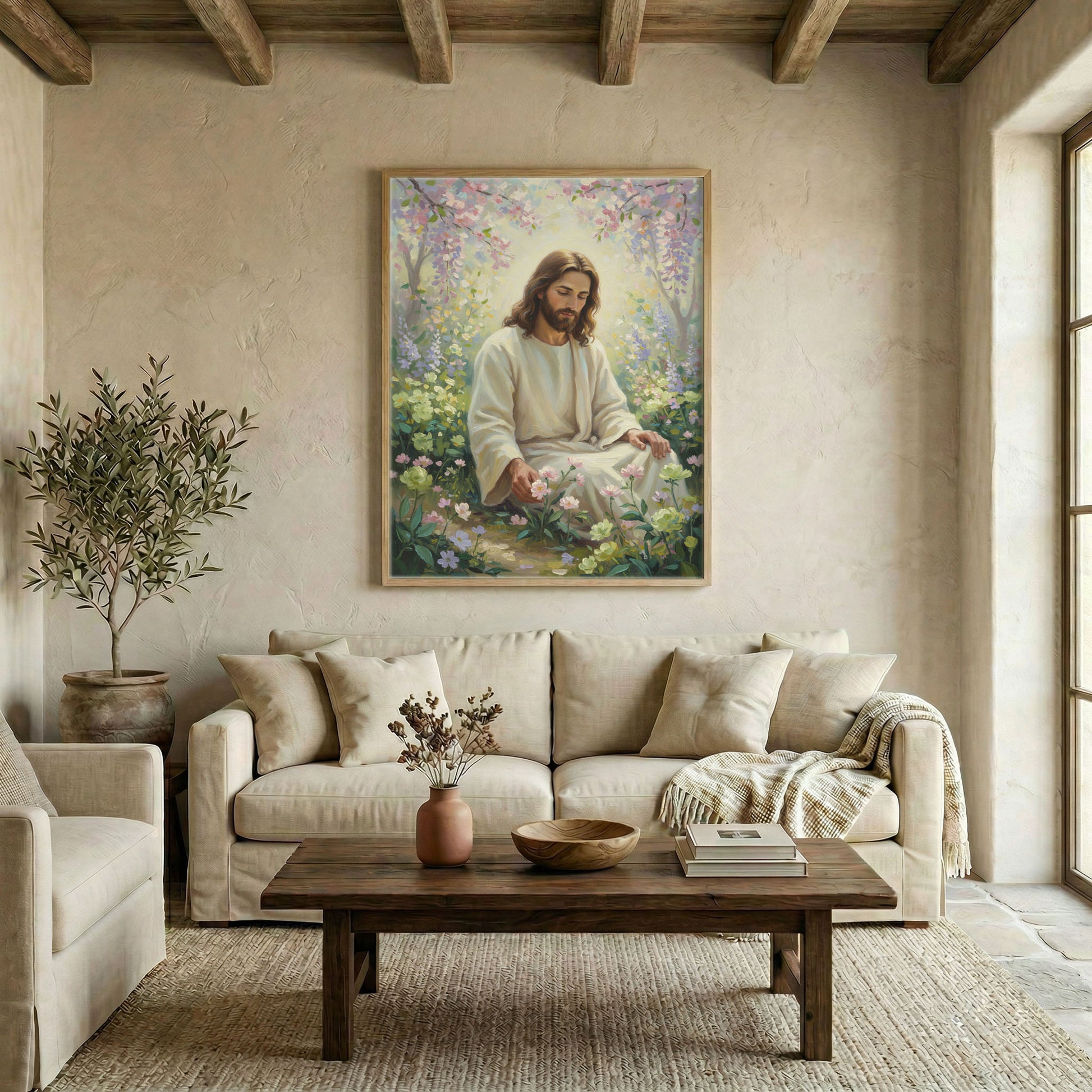Large Jesus sitting in pastel flower garden canvas in wood frame above linen sofa in warm living room