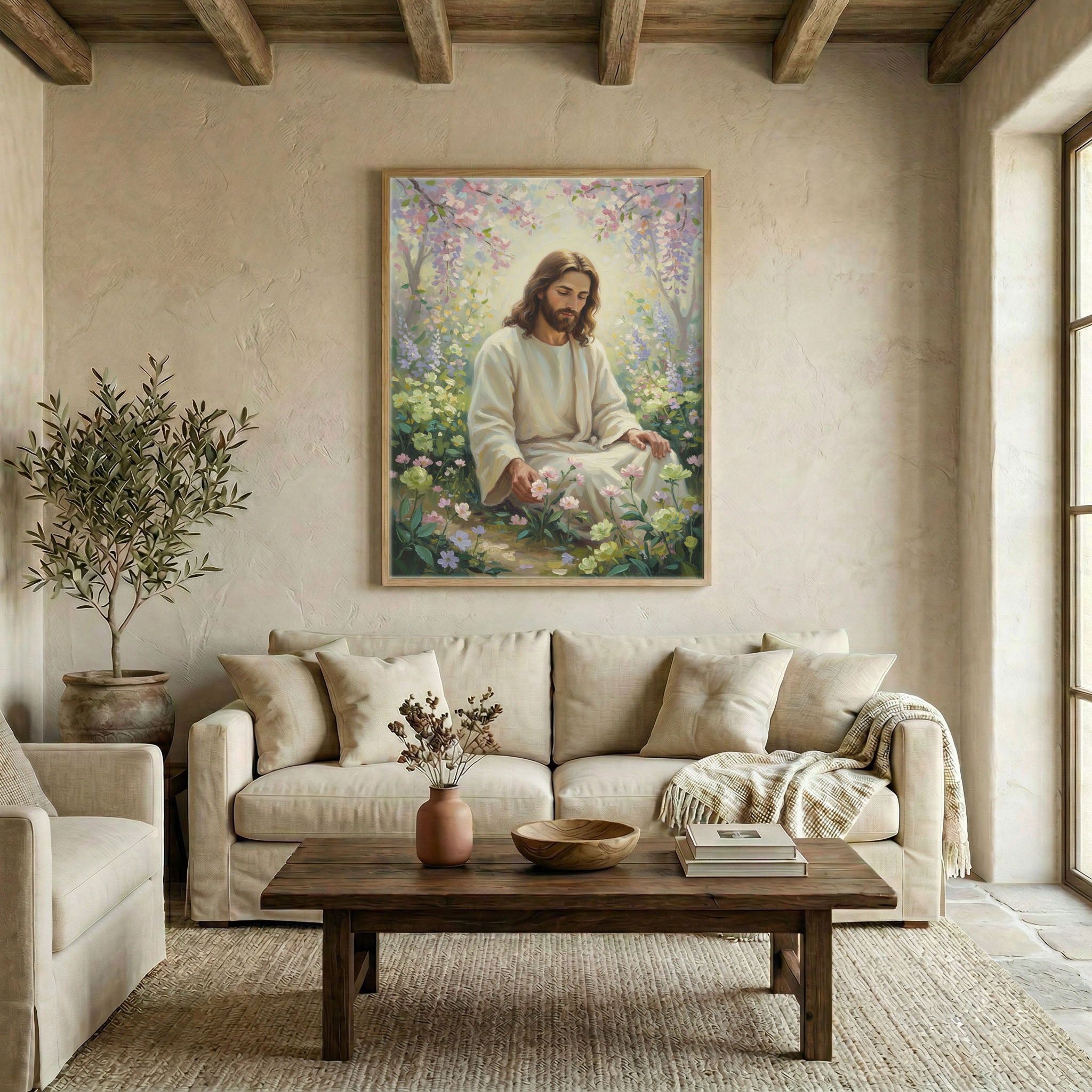 Large Jesus sitting in pastel flower garden canvas in wood frame above linen sofa in warm living room