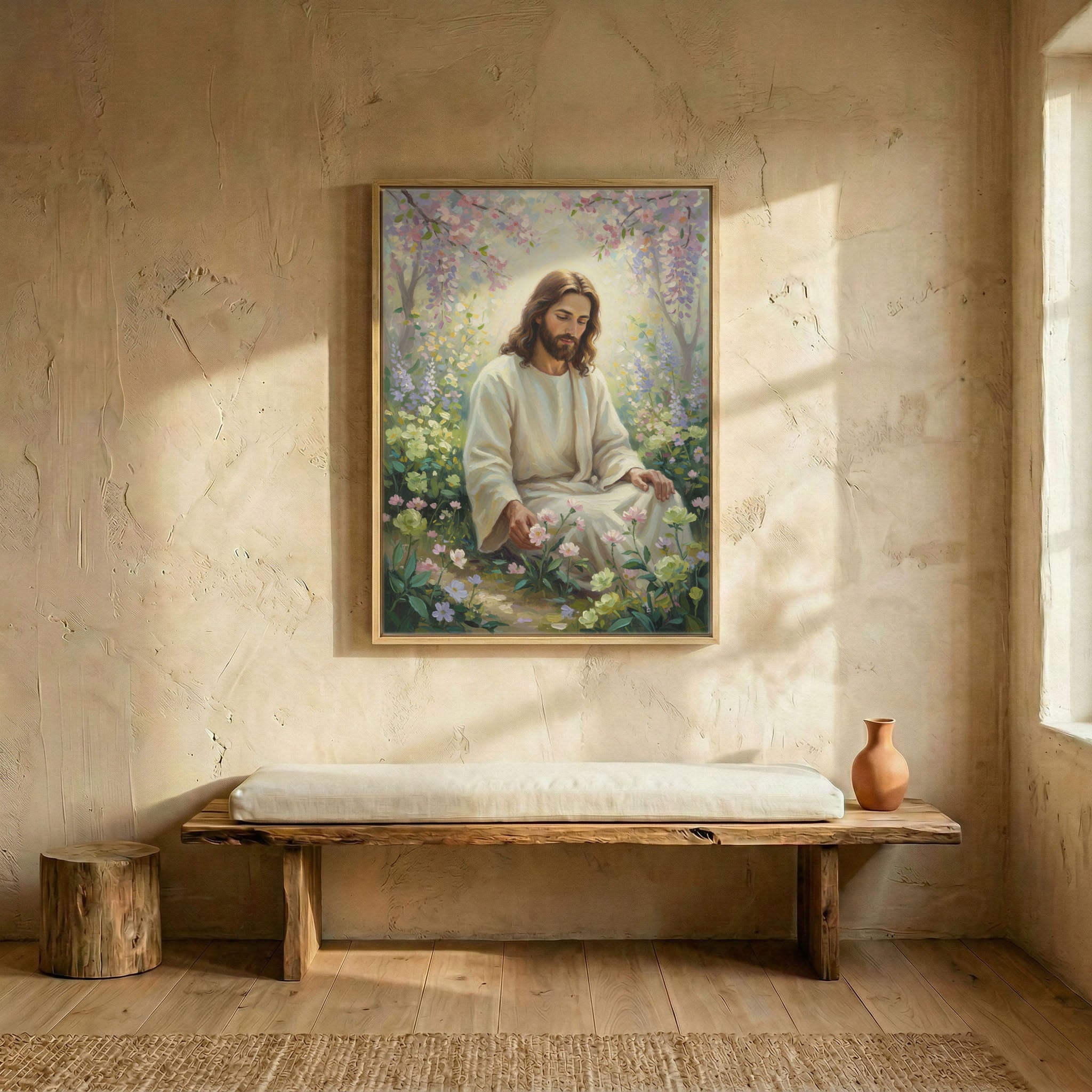 Jesus in spring garden oil painting canvas in wood frame above rustic wooden bench in sunlit entryway
