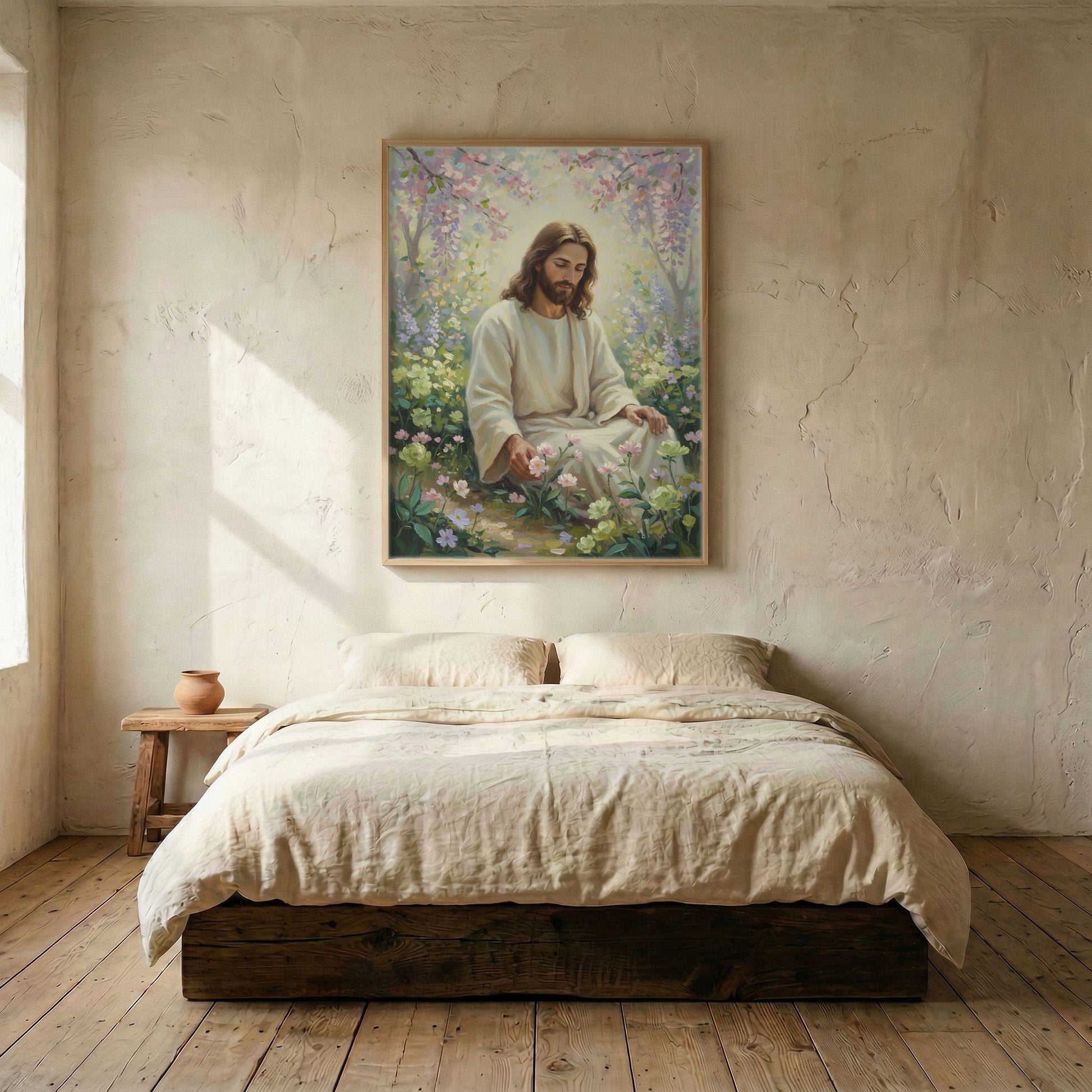 Jesus pastel garden canvas in wood frame mounted above linen platform bed in serene neutral bedroom