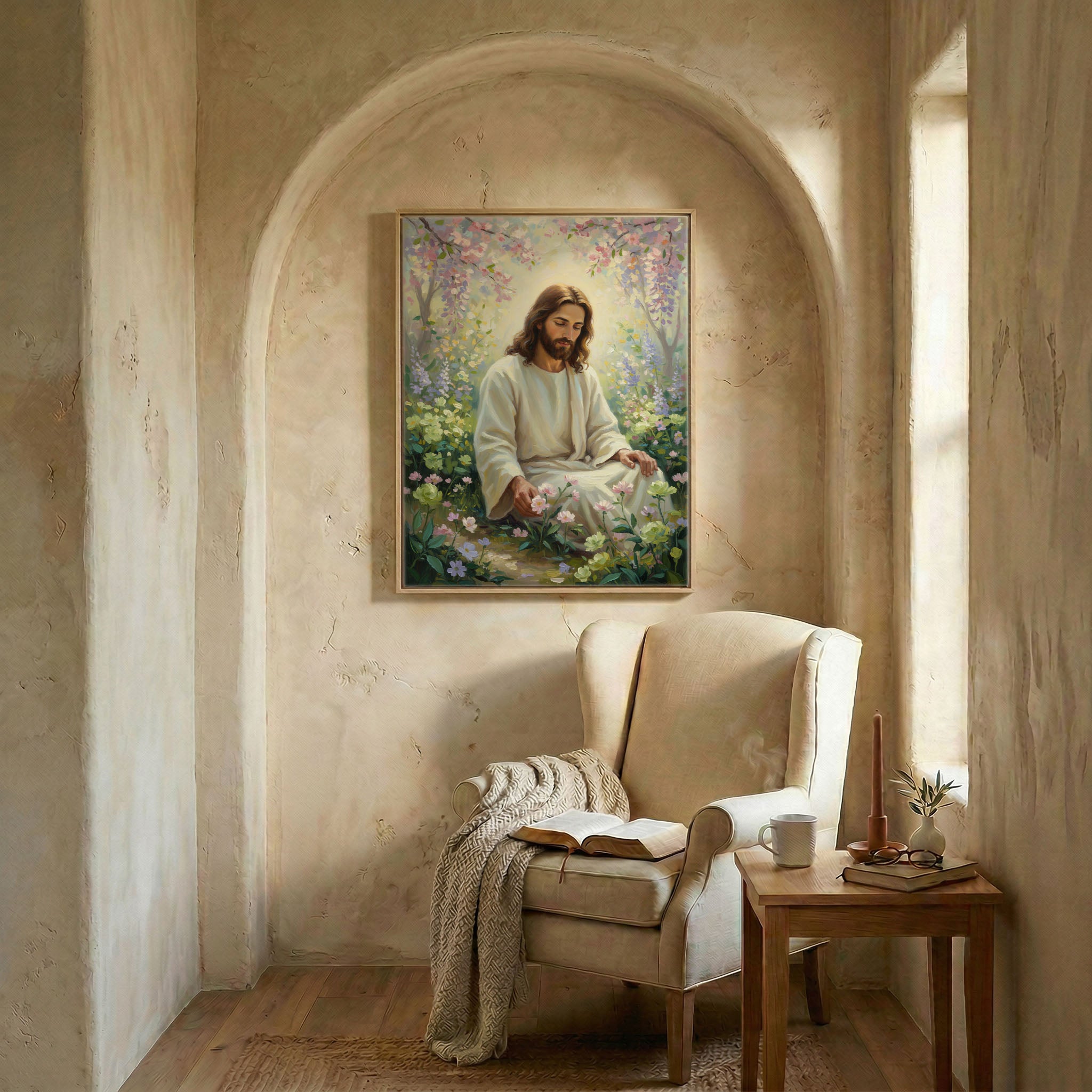 Jesus sitting in flower garden art in wood frame in arched alcove above wingback chair with open Bible