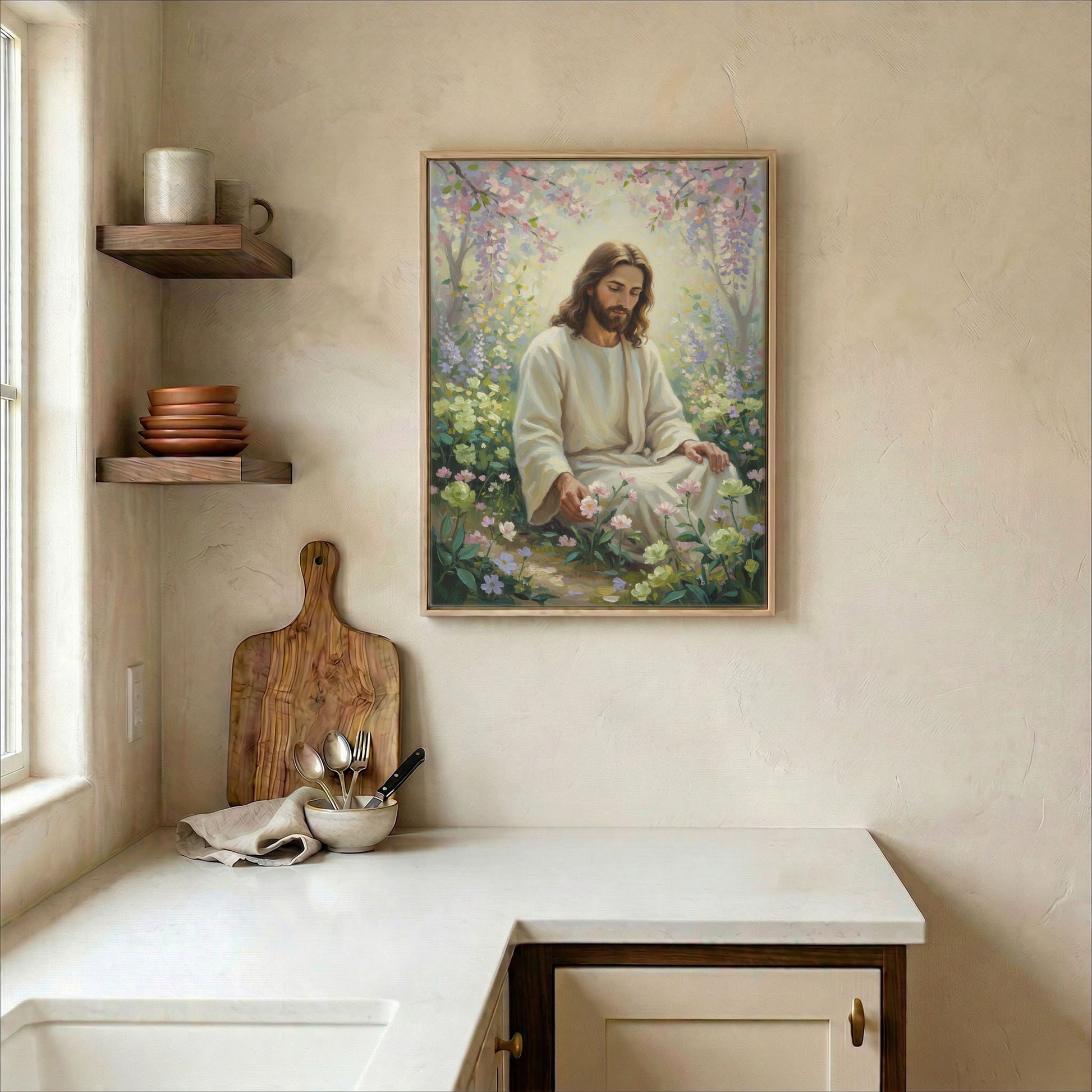 Jesus in pastel spring garden canvas in wood frame on kitchen wall in warm neutral farmhouse setting