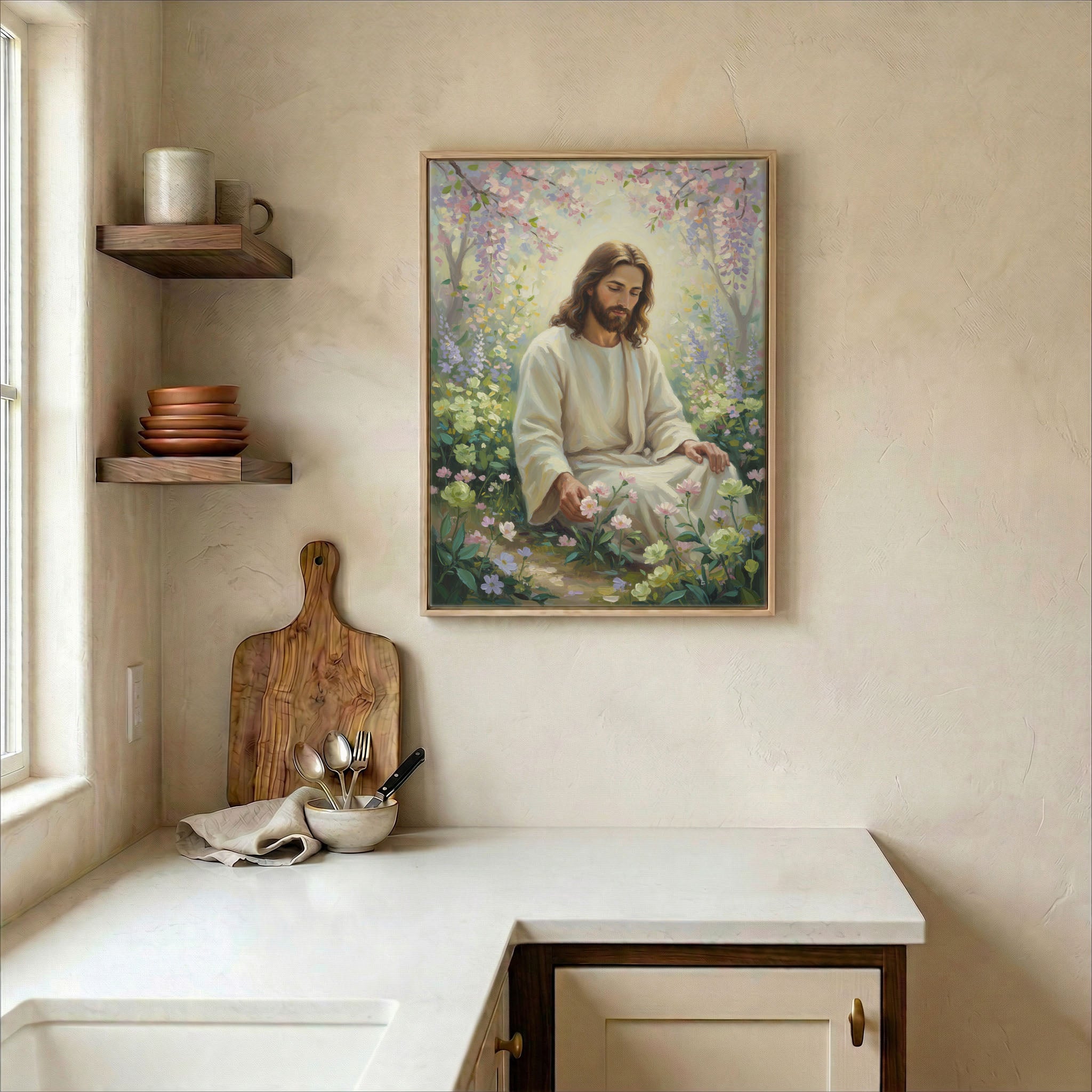 Jesus in pastel spring garden canvas in wood frame on kitchen wall in warm neutral farmhouse setting