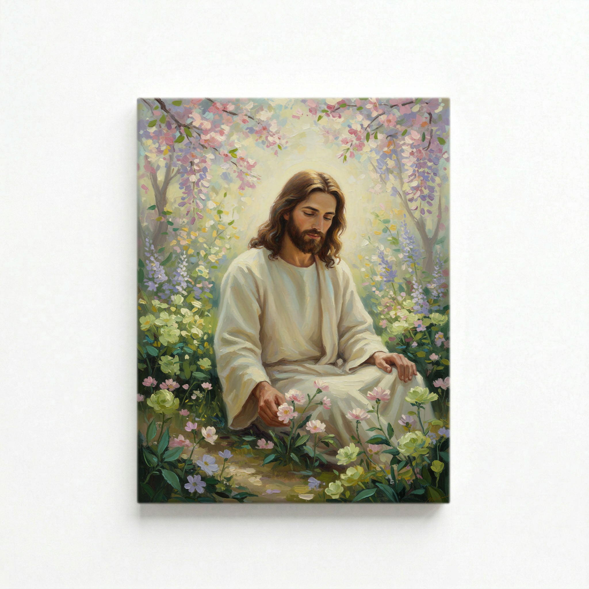 Vertical canvas of Jesus sitting peacefully in pastel flower garden oil painting on white background