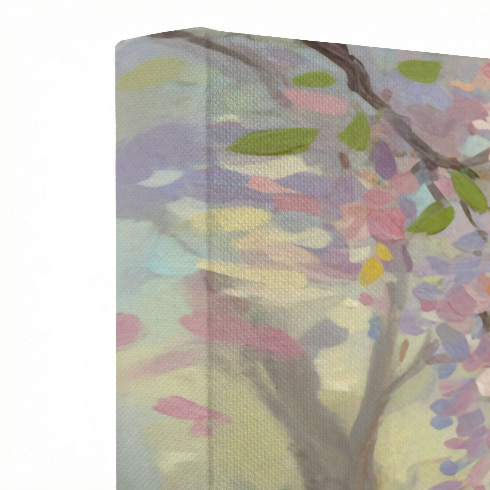 Close-up of Jesus pastel garden canvas print showing thick oil painting texture and soft petal details