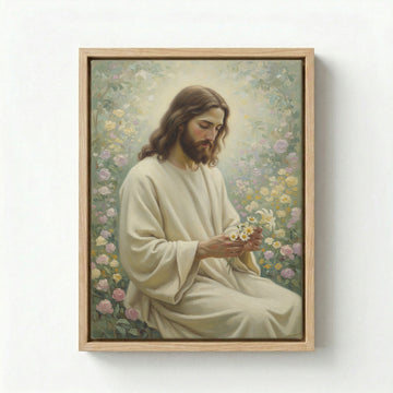 Canvas in natural wood floating frame with Jesus sitting in a vibrant rose garden holding daisies