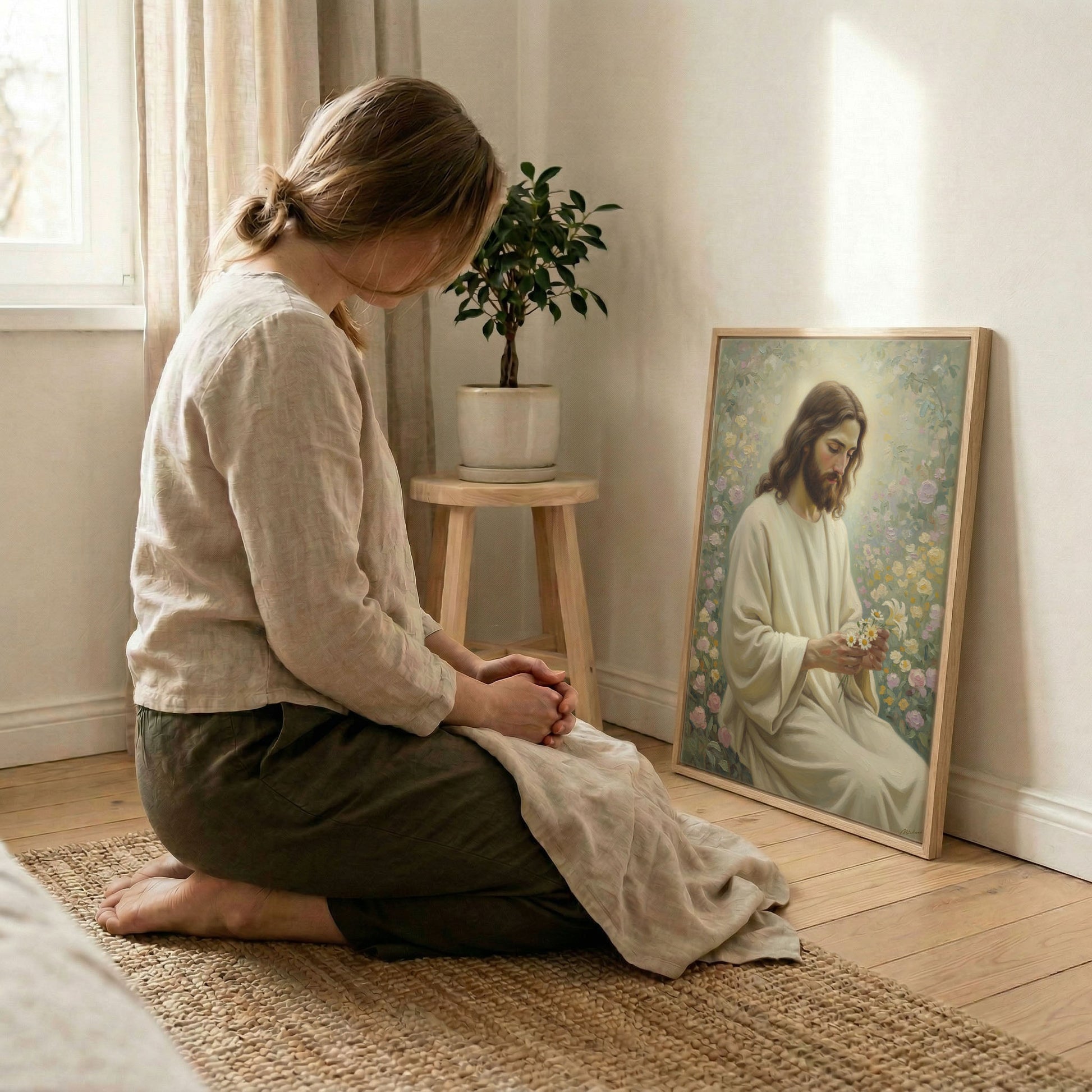 Woman kneeling in prayer beside Jesus rose garden canvas in wood frame with soft indoor natural light