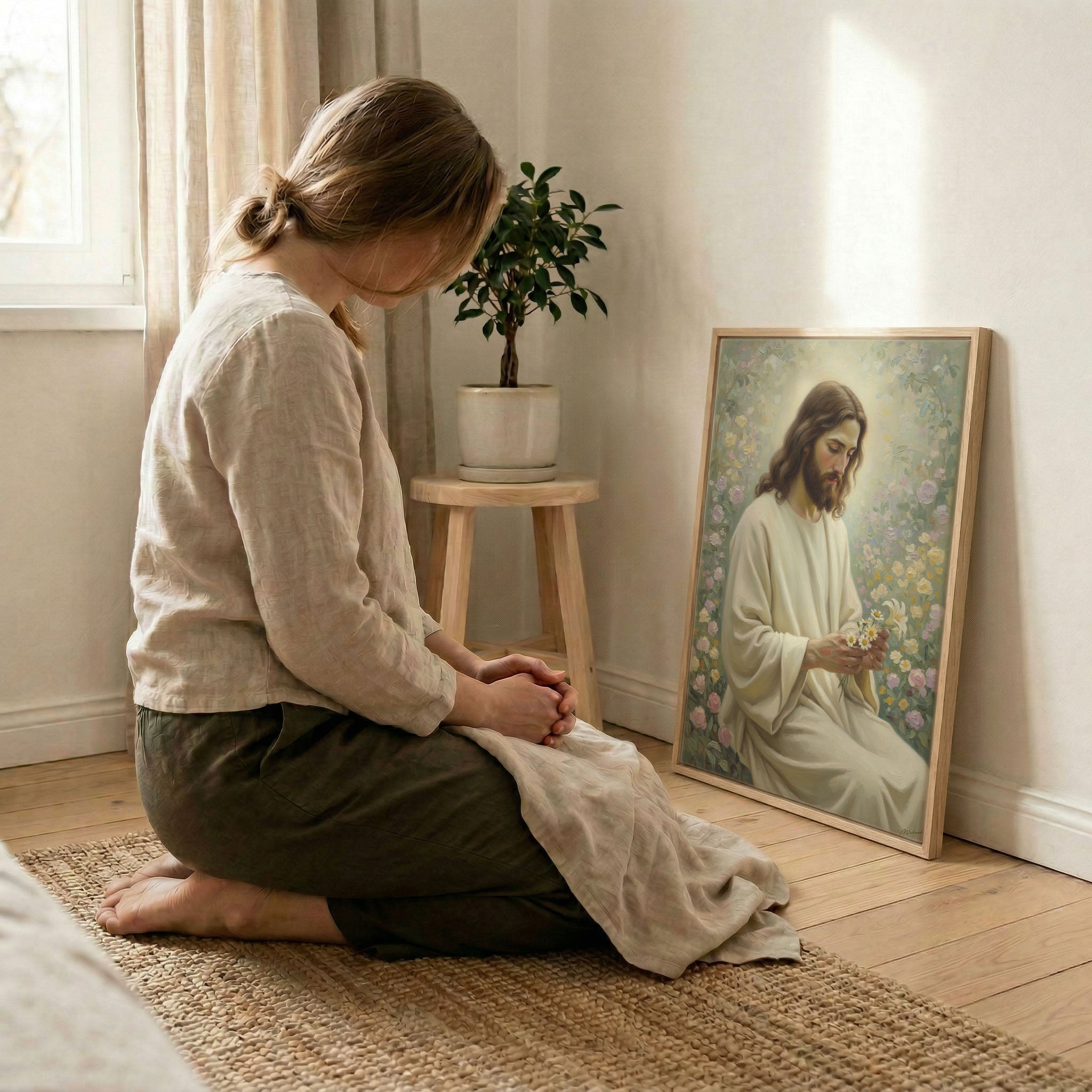 Woman kneeling in prayer beside Jesus rose garden canvas in wood frame with soft indoor natural light