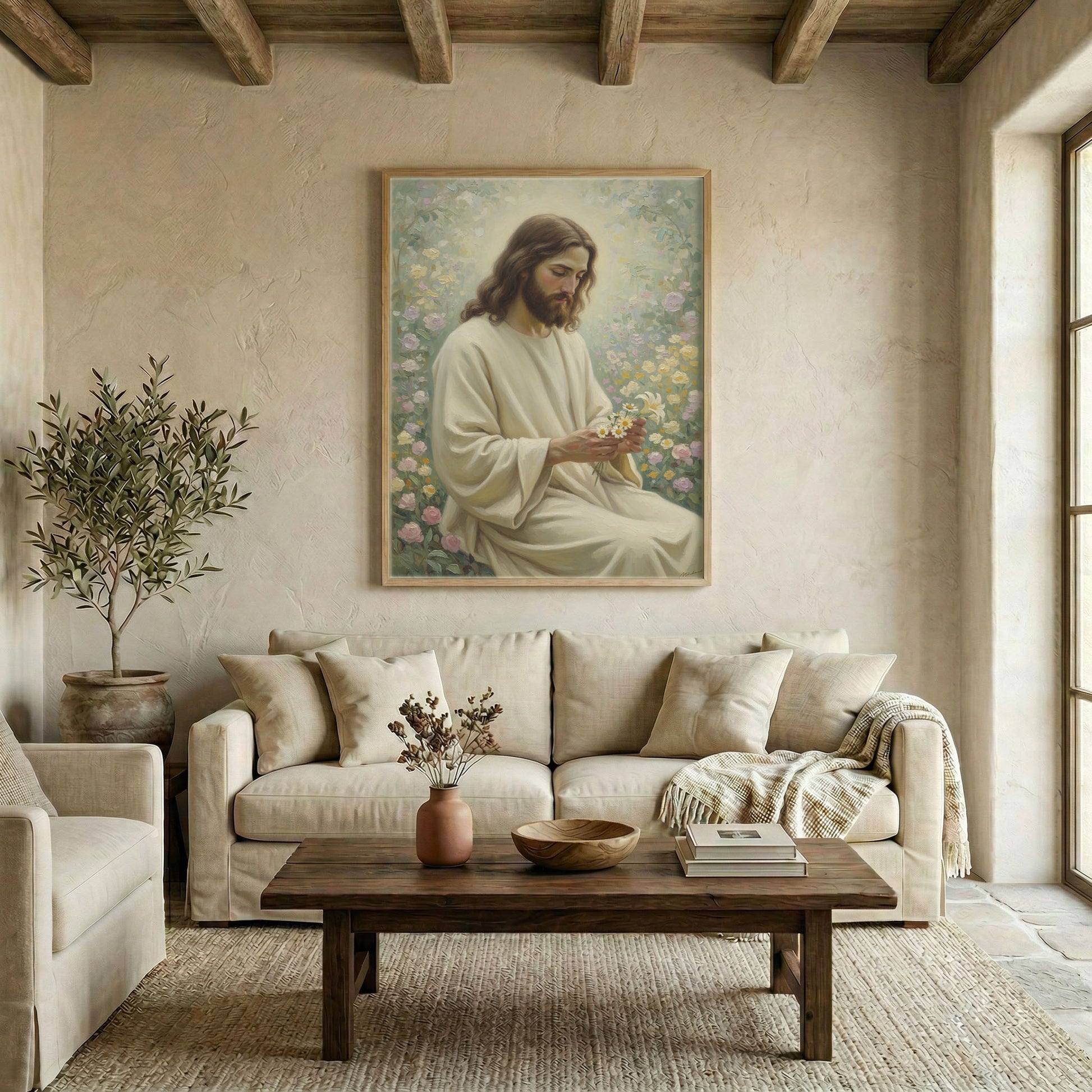 Large Jesus sitting in rose garden canvas in wood frame above linen sofa in warm neutral living room
