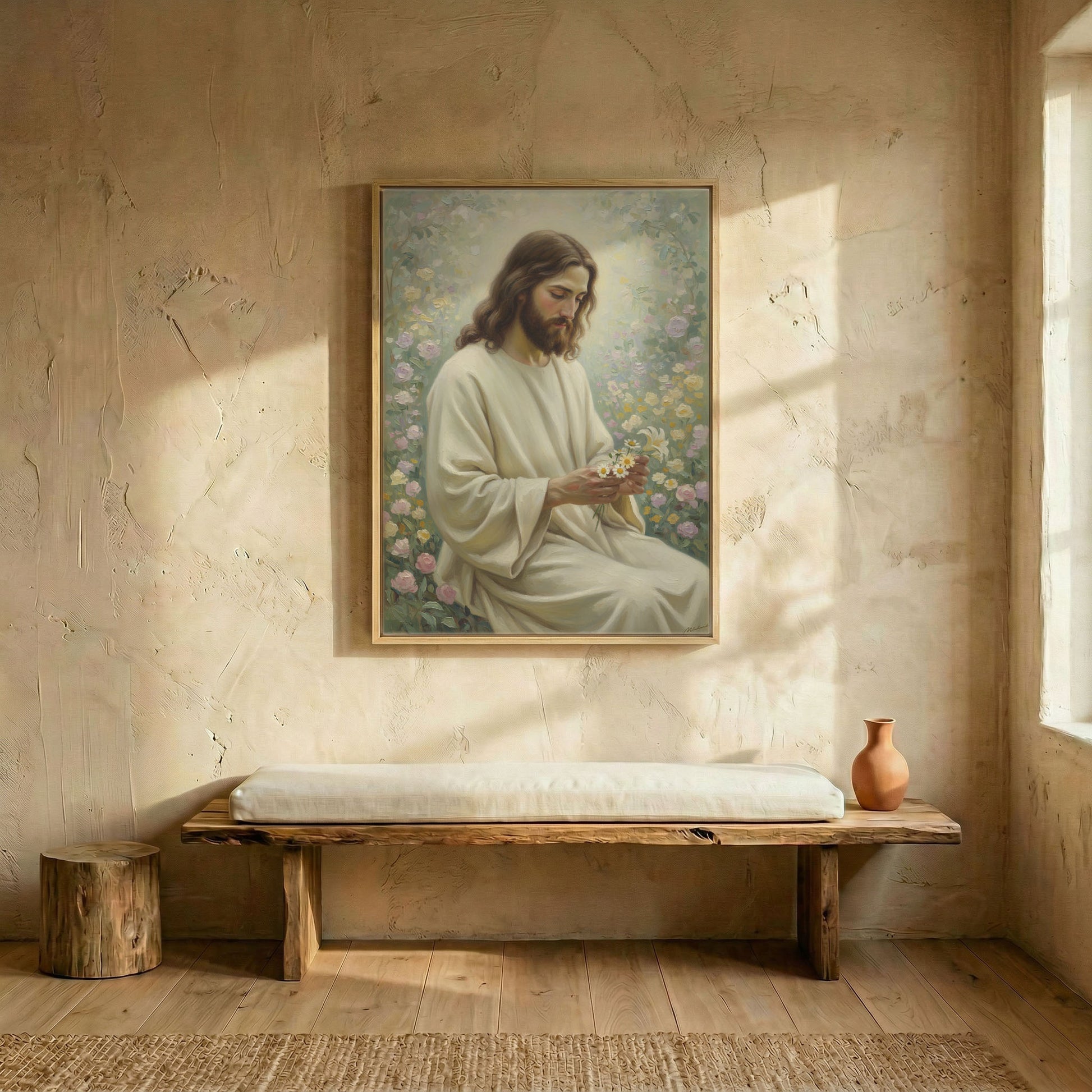 Jesus in rose garden oil painting canvas in wood frame above rustic wooden bench in sunlit entryway
