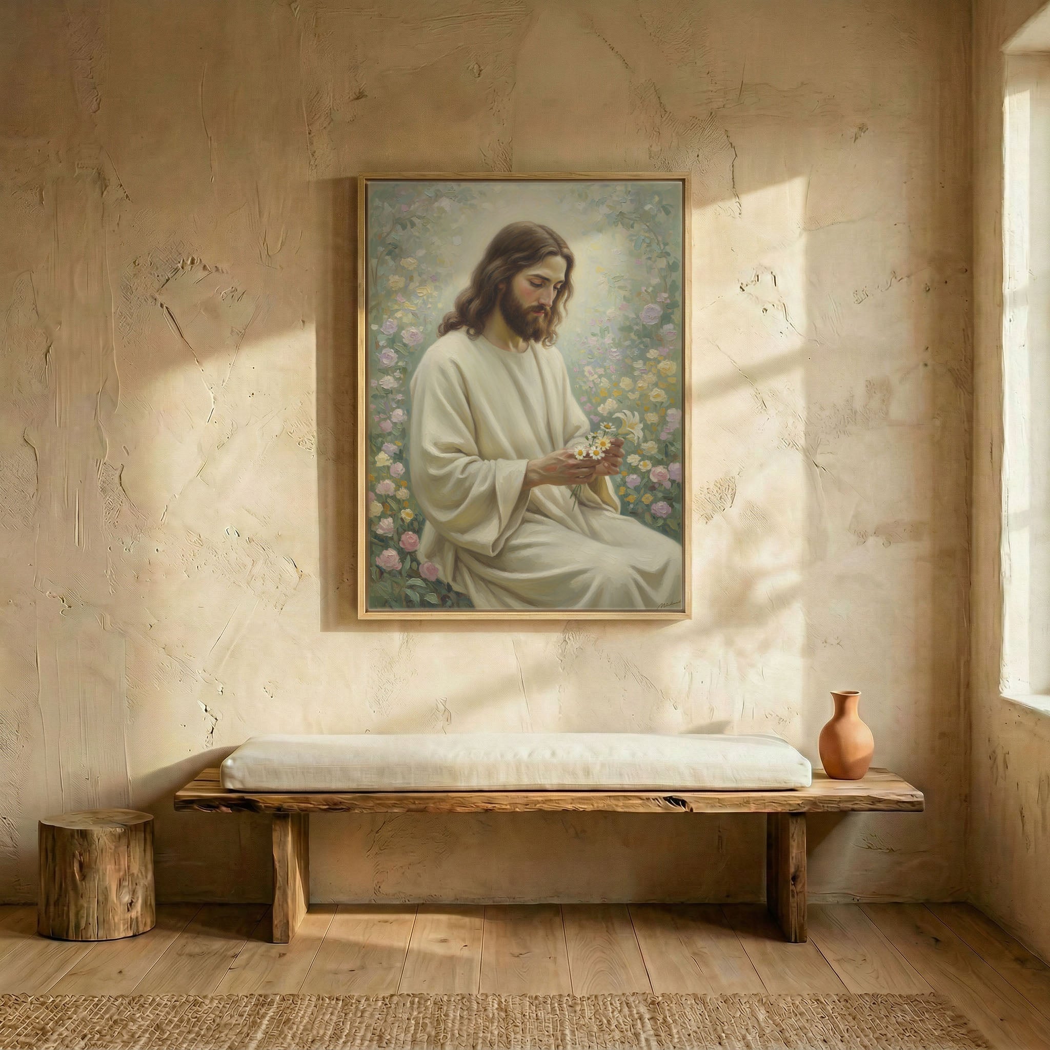 Jesus in rose garden oil painting canvas in wood frame above rustic wooden bench in sunlit entryway