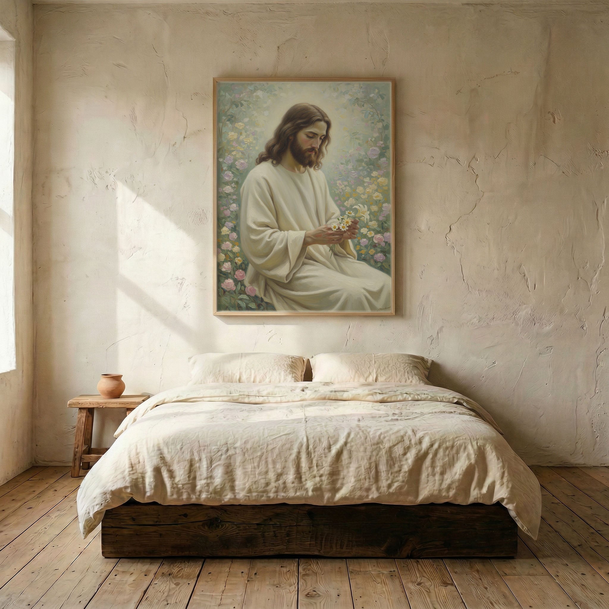 Jesus rose garden canvas in wood frame mounted above linen platform bed in serene neutral bedroom