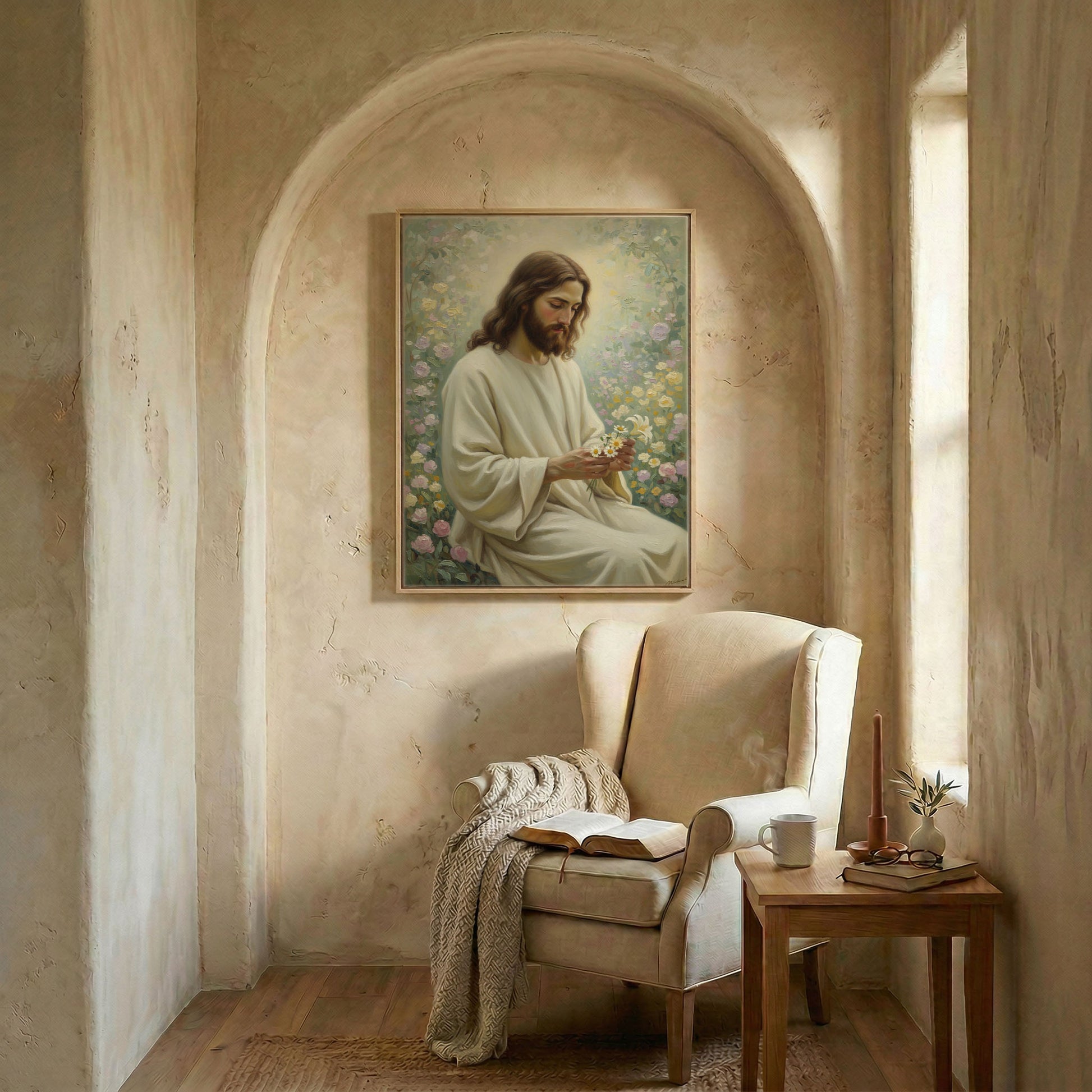 Jesus sitting in rose garden art in wood frame in arched alcove above wingback chair with open Bible