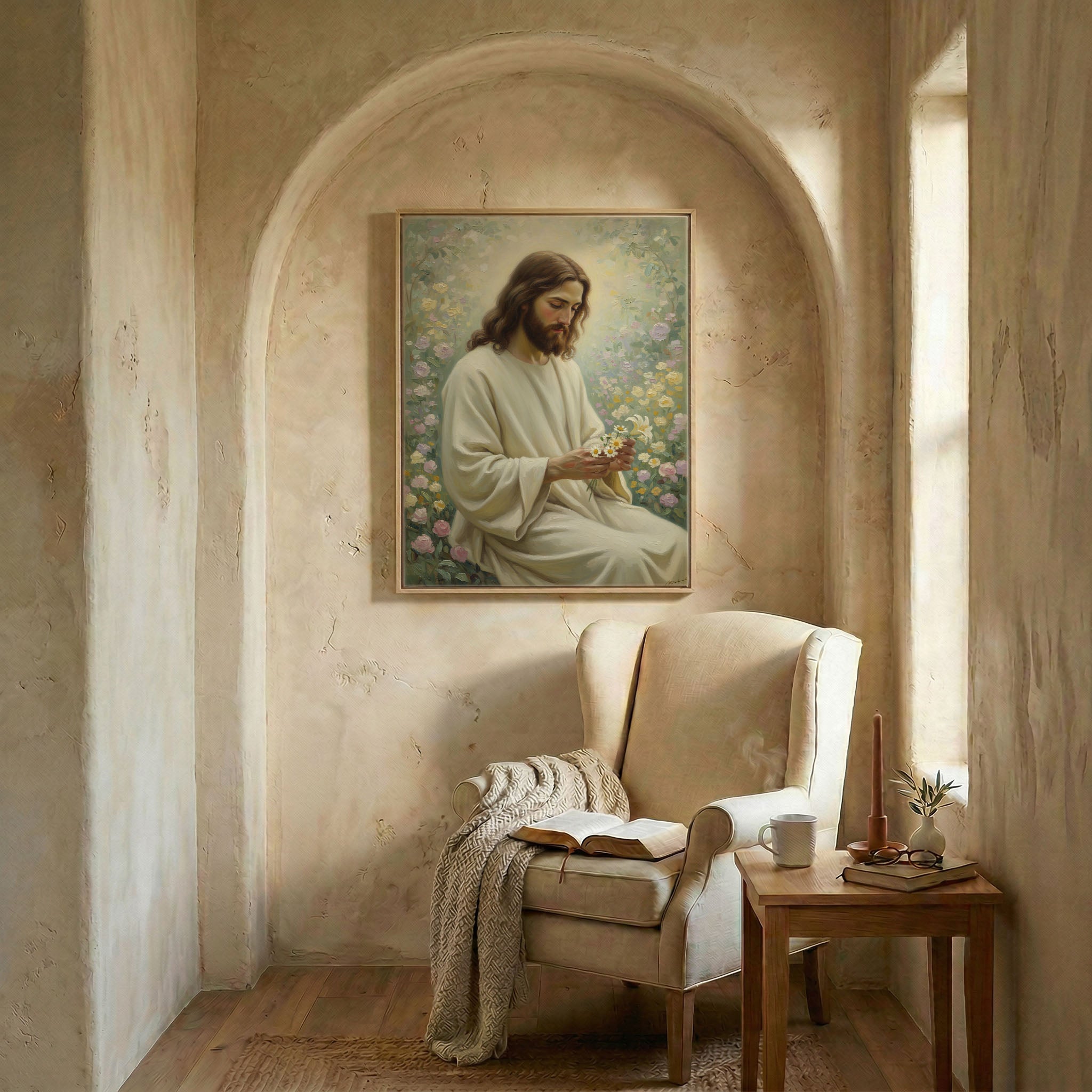 Jesus sitting in rose garden art in wood frame in arched alcove above wingback chair with open Bible