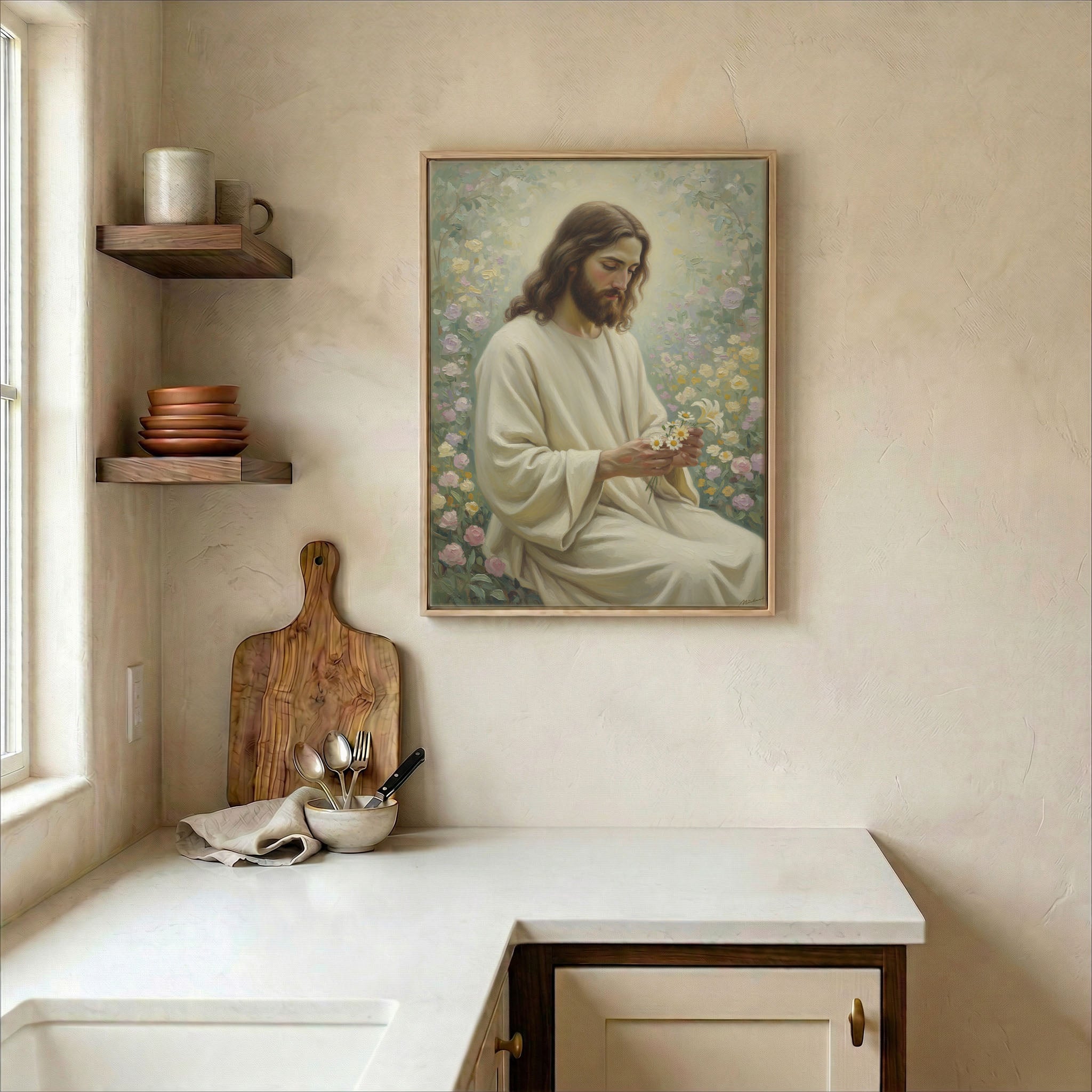 Jesus in rose garden canvas in wood frame on kitchen wall in warm neutral farmhouse interior