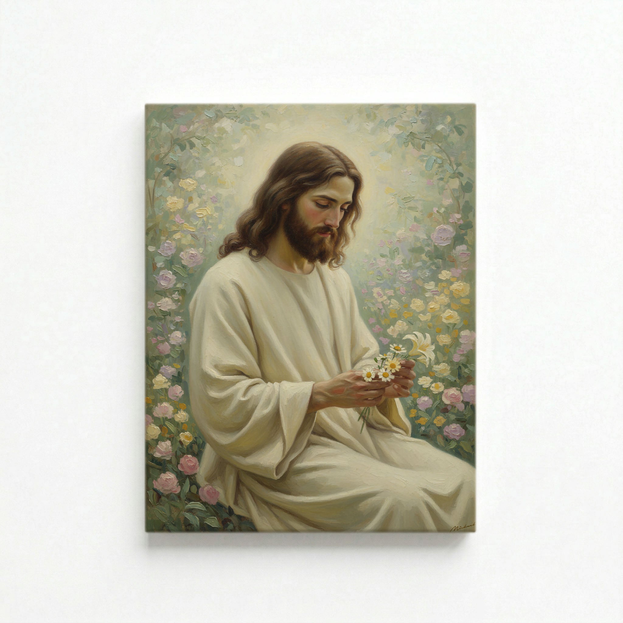 Vertical canvas of Jesus sitting in a rose garden holding white daisies on a white background