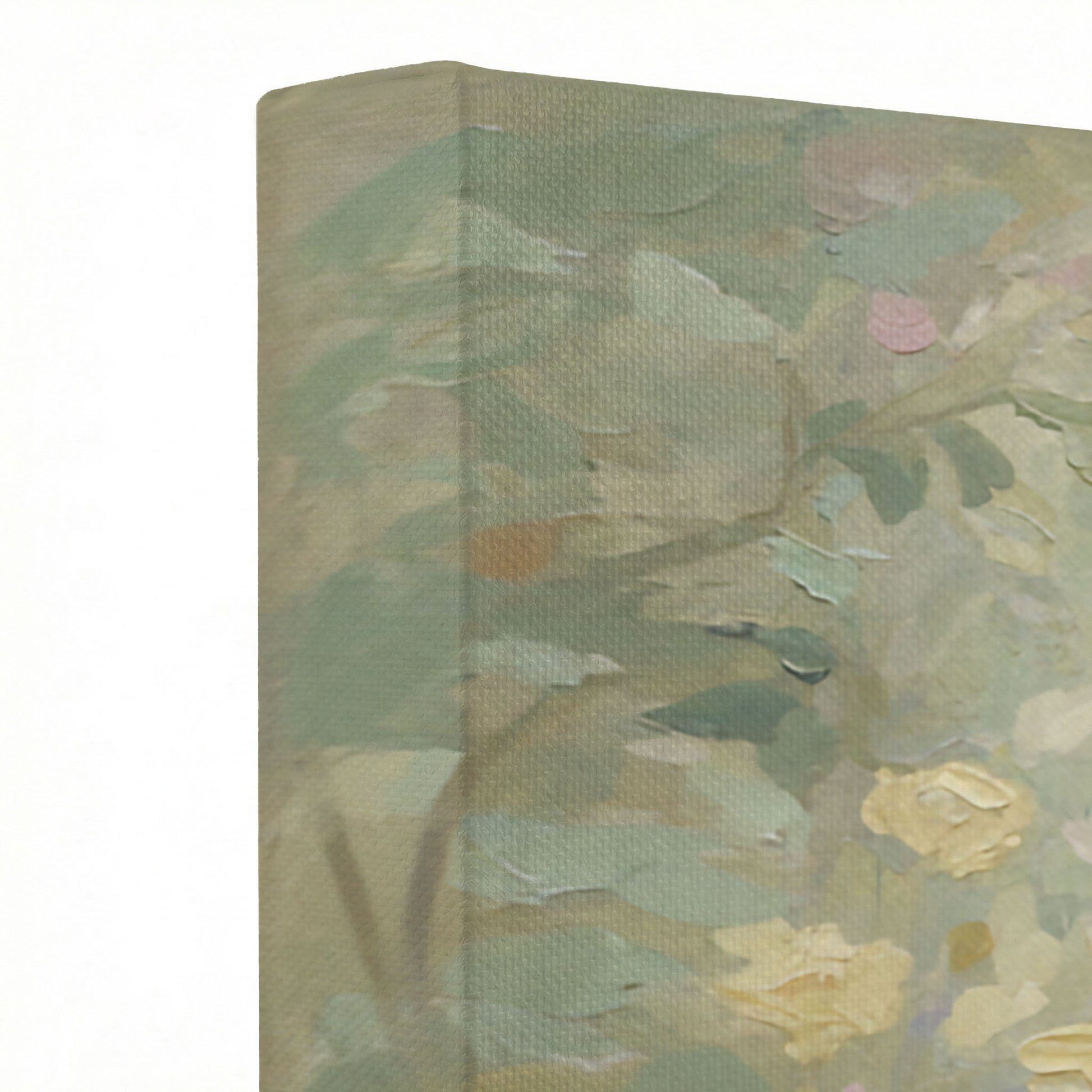 Close-up of Jesus rose garden canvas print showing thick oil painting texture and red rose details
