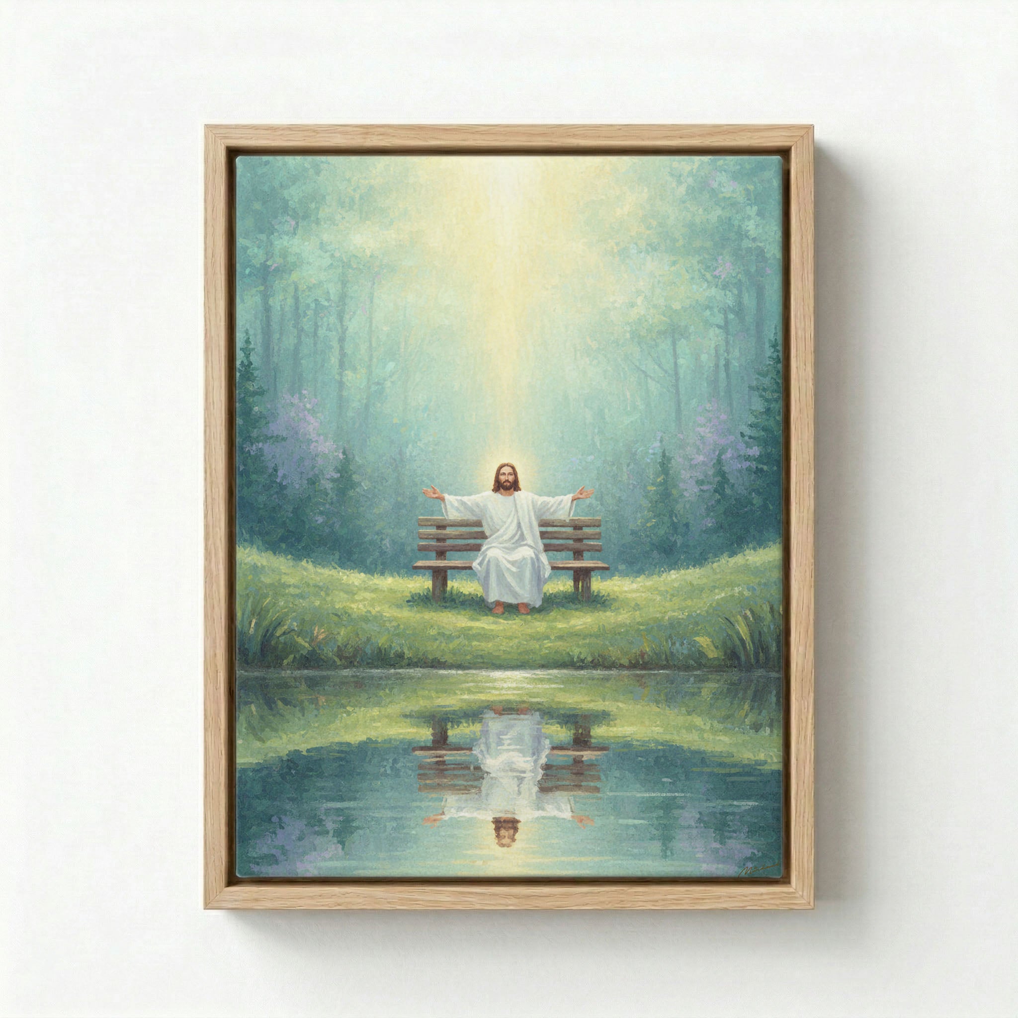 Canvas in natural wood floating frame with Jesus sitting on a bench by a peaceful forest pond