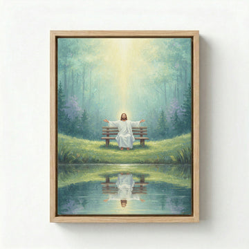 Canvas in natural wood floating frame with Jesus sitting on a bench by a peaceful forest pond
