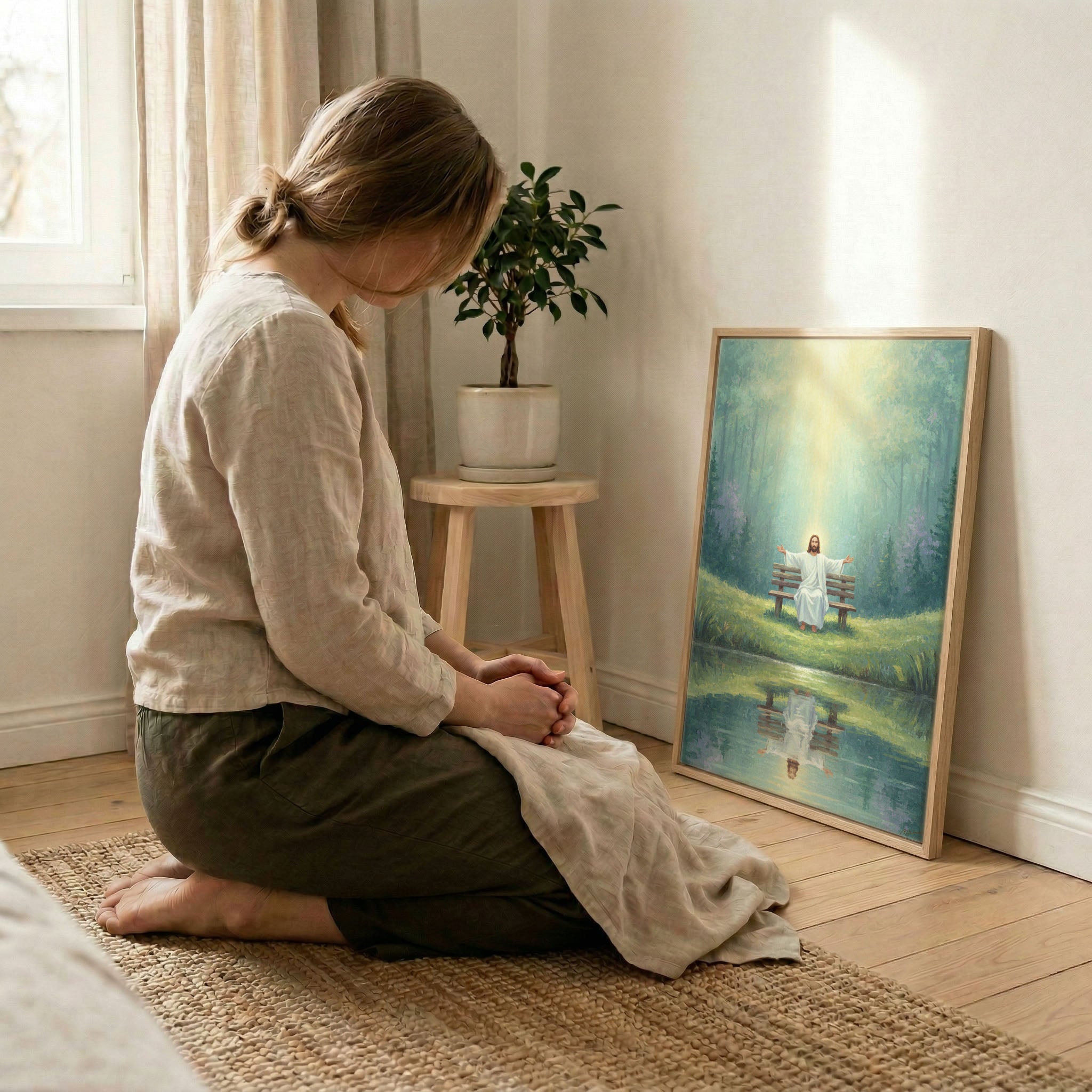 Woman kneeling in prayer beside Jesus forest pond canvas in wood frame with soft indoor natural light