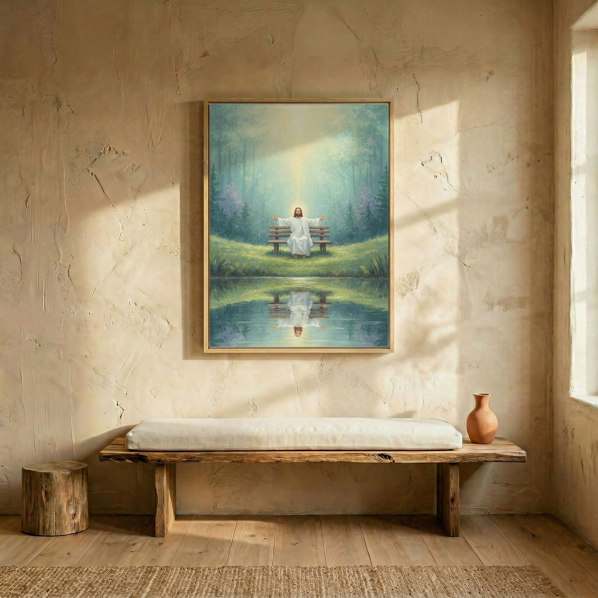 Jesus on bench by pond oil painting canvas in wood frame above rustic wooden bench in sunlit entryway