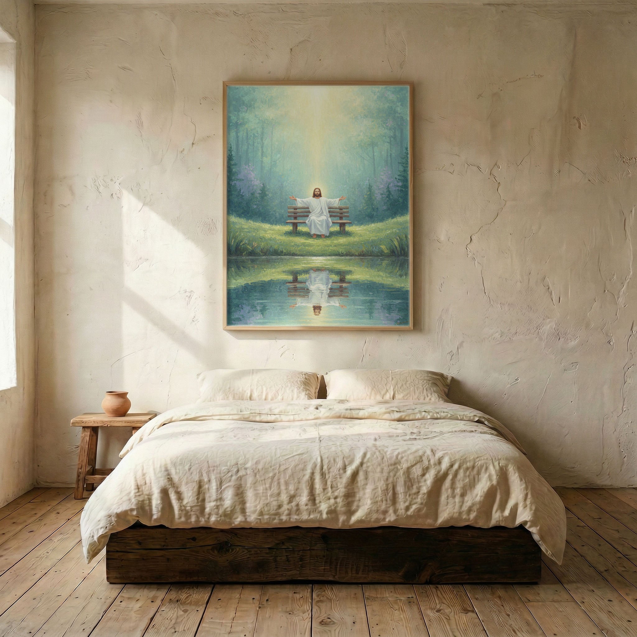 Jesus forest pond canvas in wood frame mounted above linen platform bed in serene neutral bedroom