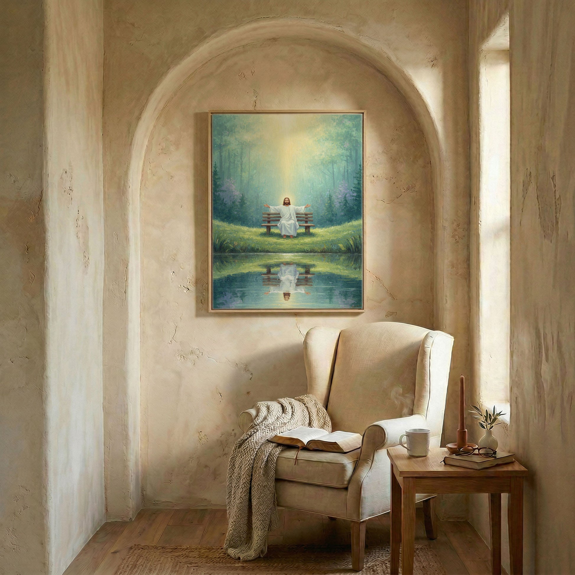 Jesus sitting by pond art in wood frame in arched alcove above wingback chair with open Bible