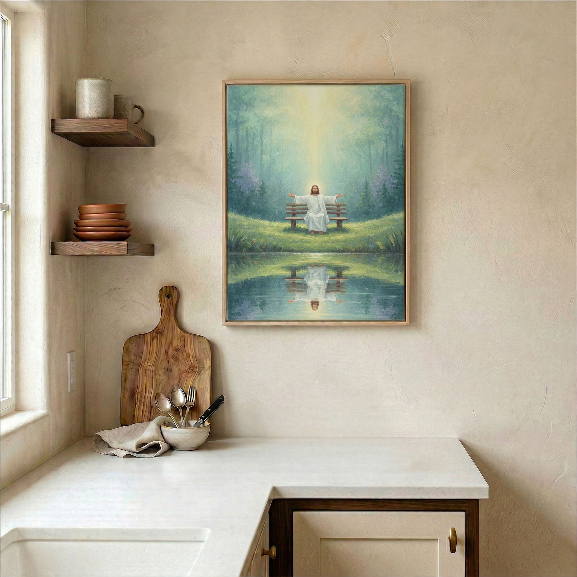 Jesus by forest pond canvas in wood frame on kitchen wall in warm neutral farmhouse setting