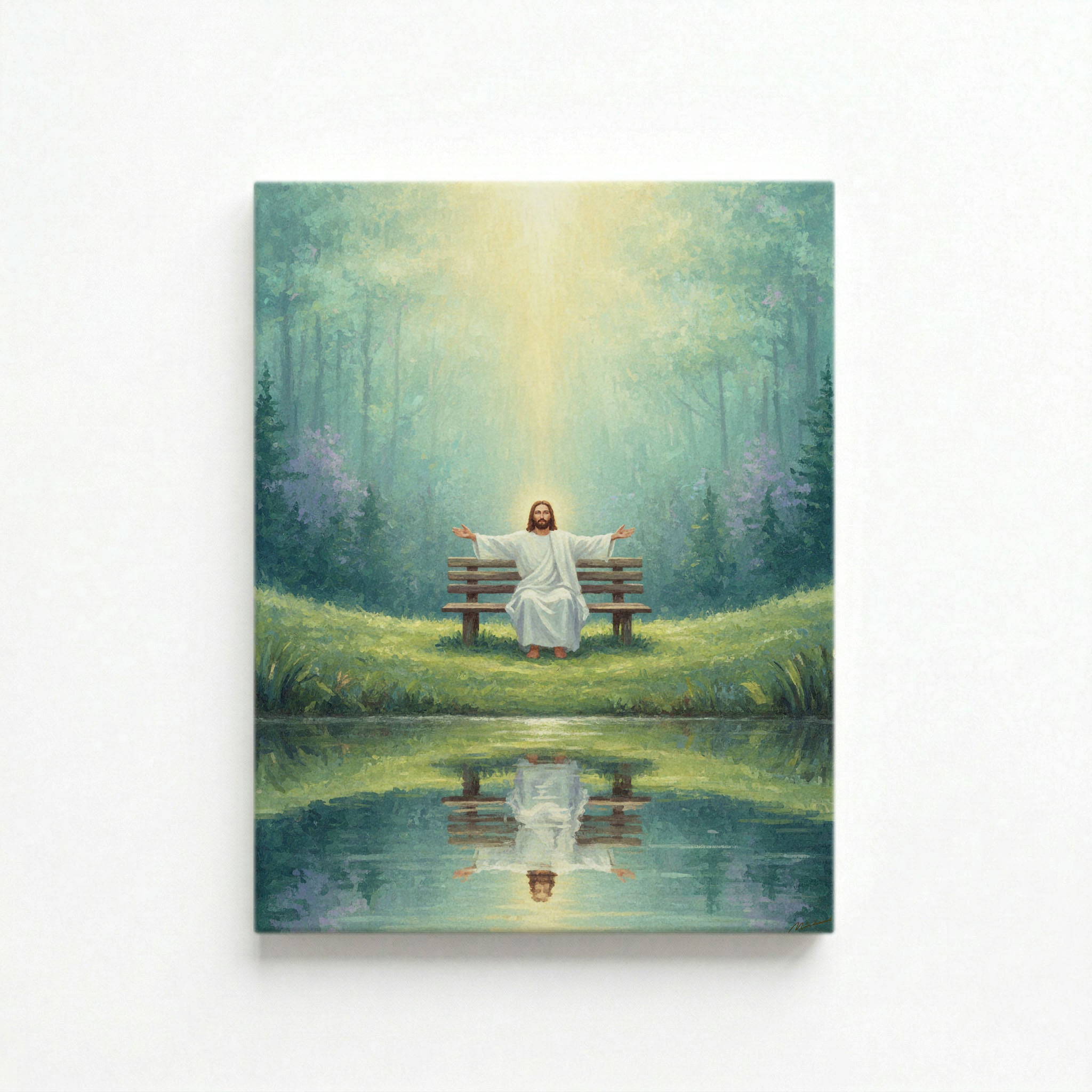 Vertical canvas of Jesus sitting on a bench by a forest pond oil painting on white background