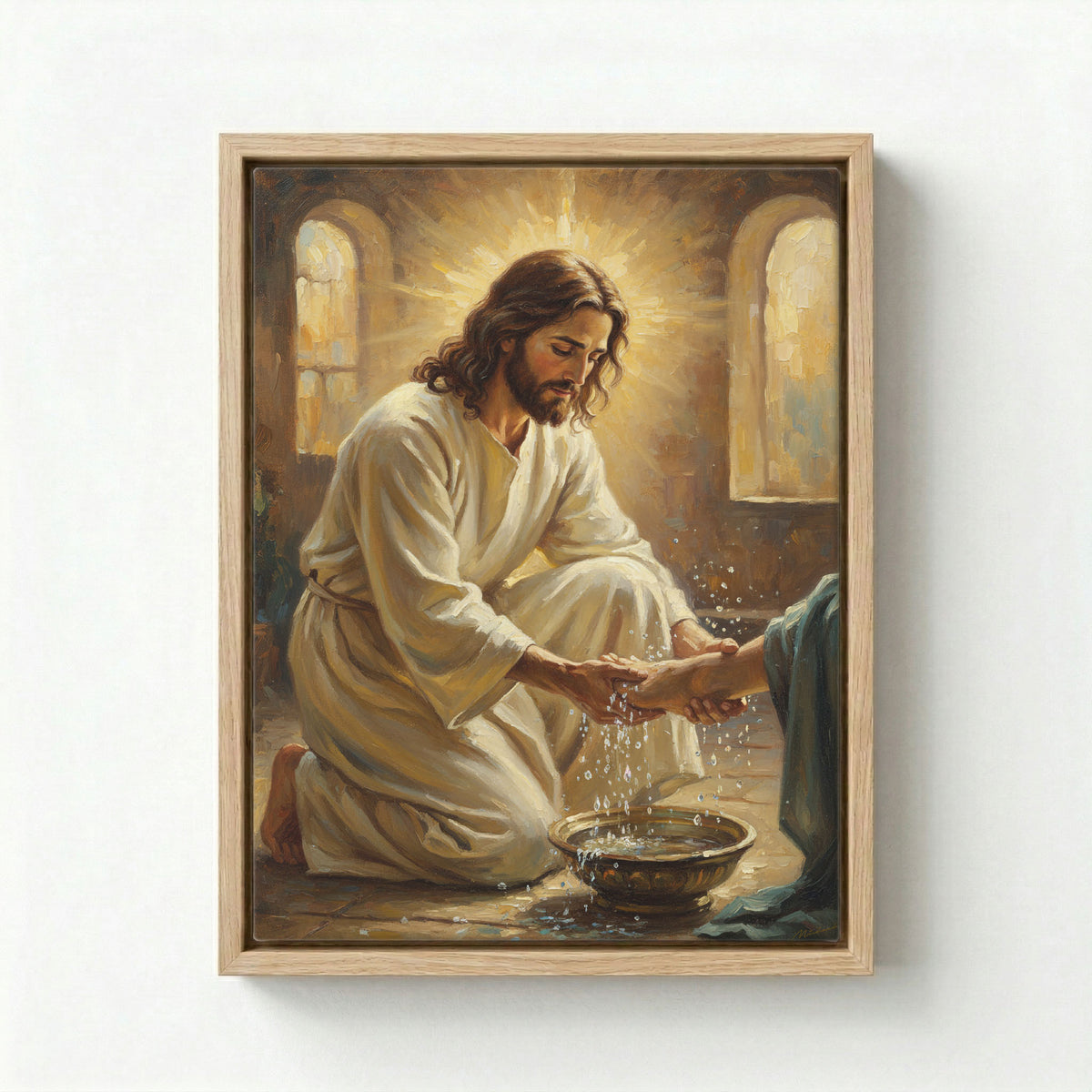 Canvas in natural wood floating frame depicting Jesus washing a disciple's feet in a warm, humble setting